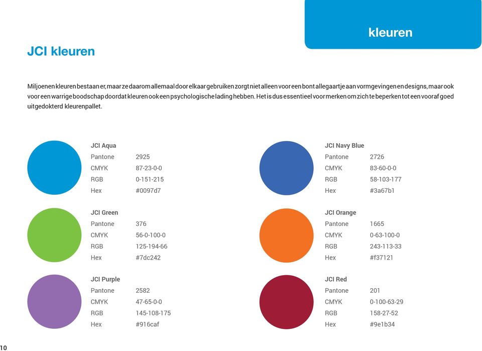 JCI Aqua Pantone 2925 CMYK 87-23-0-0 RGB 0-151-215 Hex #0097d7 JCI Navy Blue Pantone 2726 CMYK 83-60-0-0 RGB 58-103-177 Hex #3a67b1 JCI Green Pantone 376 CMYK 56-0-100-0 RGB 125-194-66 Hex