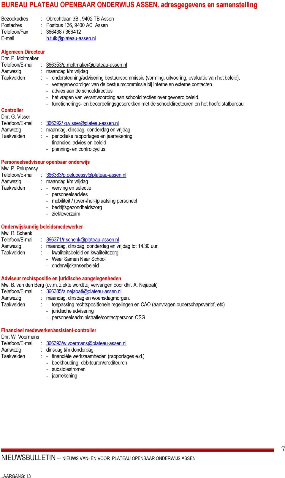 Visser Telefoon/E-mail Aanwezig Taakvelden : - ondersteuning/advisering bestuurscommissie (vorming, uitvoering, evaluatie van het beleid).