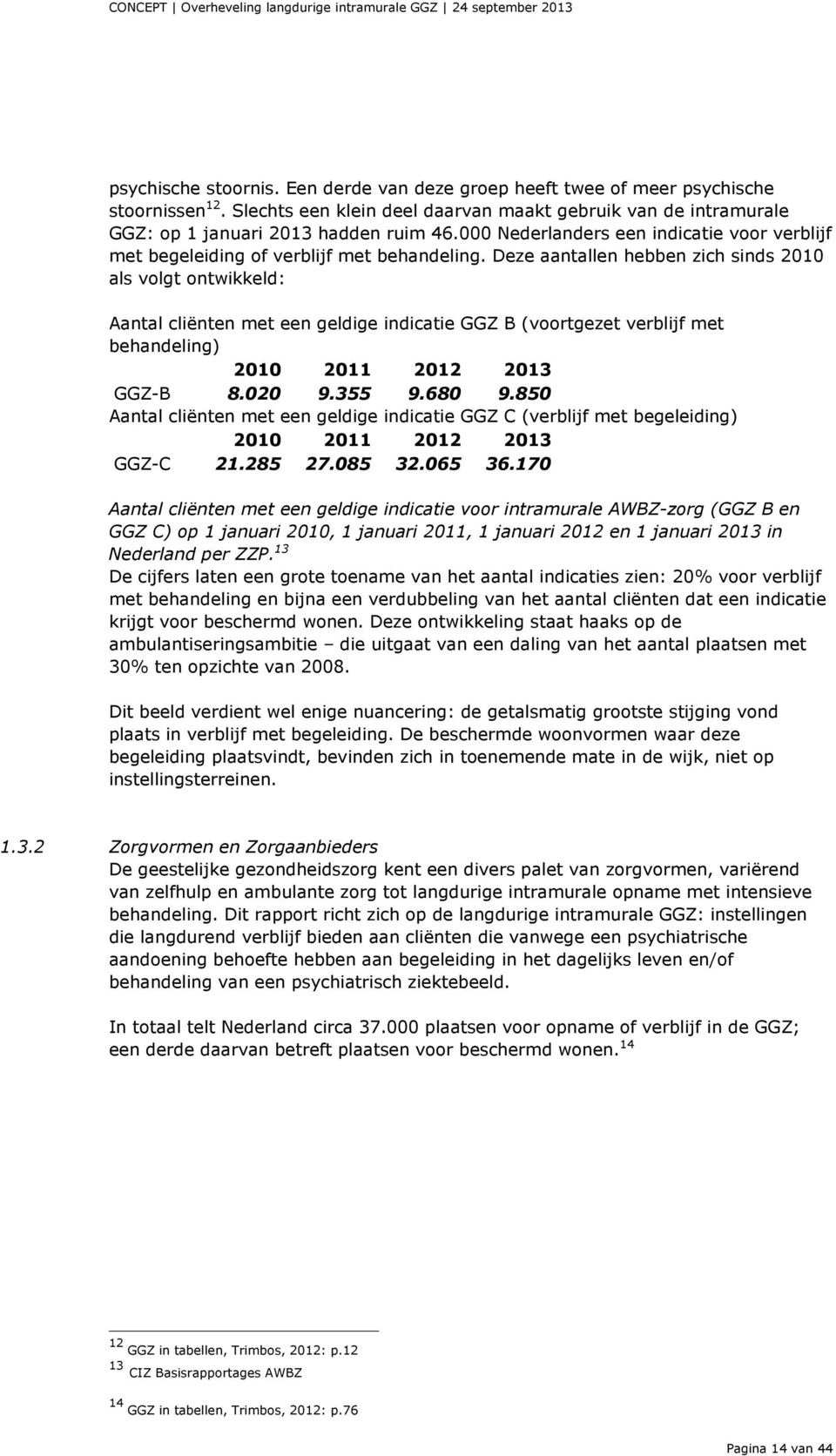 Deze aantallen hebben zich sinds 2010 als volgt ontwikkeld: Aantal cliënten met een geldige indicatie GGZ B (voortgezet verblijf met behandeling) 2010 2011 2012 2013 GGZ-B 8.020 9.355 9.680 9.