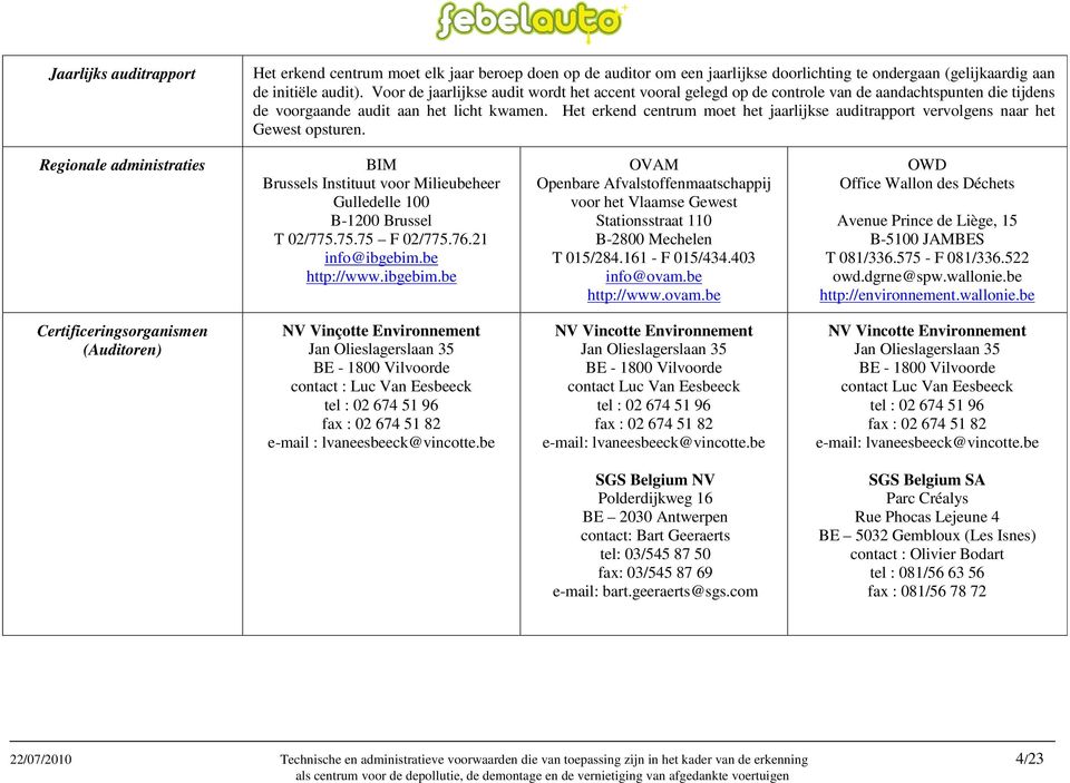Het erkend centrum moet het jaarlijkse auditrapport vervolgens naar het Gewest opsturen. Regionale administraties BIM Brussels Instituut voor Milieubeheer Gulledelle 100 B-1200 Brussel T 02/775.