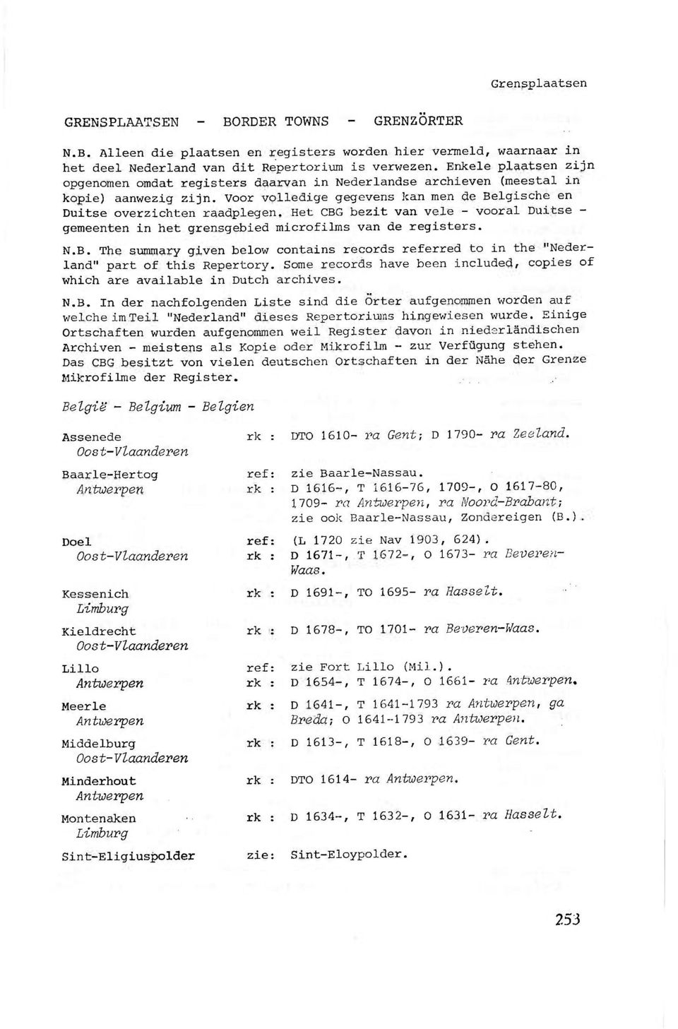 Het CBG bezit van vele - vooral Duitse - gemeenten in het grensgebied microfilms van de registers. N.B. The summary given below contains records referred to in the "Nederland" part of this Repertory.