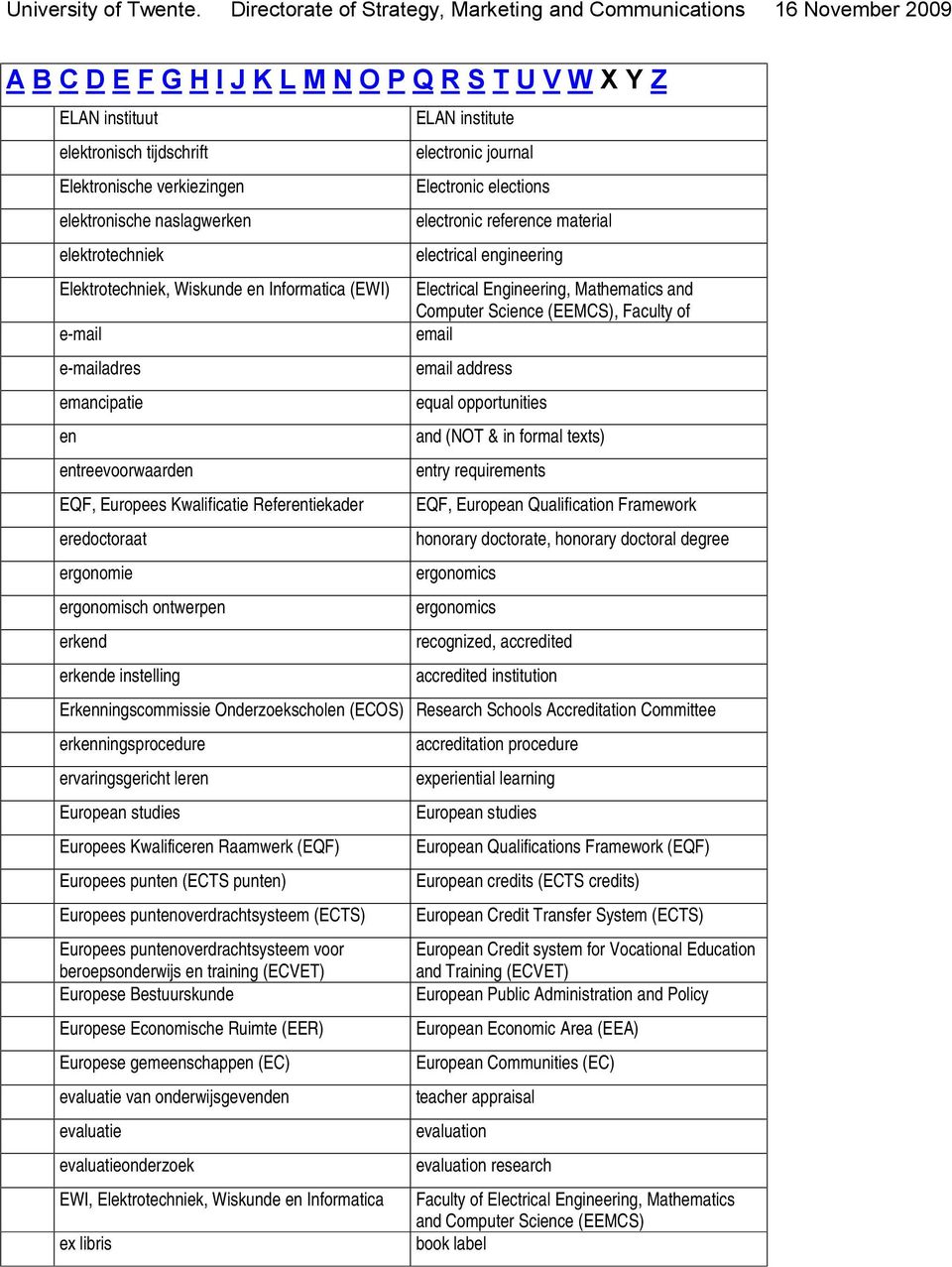 equal opportunities en and (NOT & in formal texts) entreevoorwaarden entry requirements EQF, Europees Kwalificatie Referentiekader EQF, European Qualification Framework eredoctoraat honorary