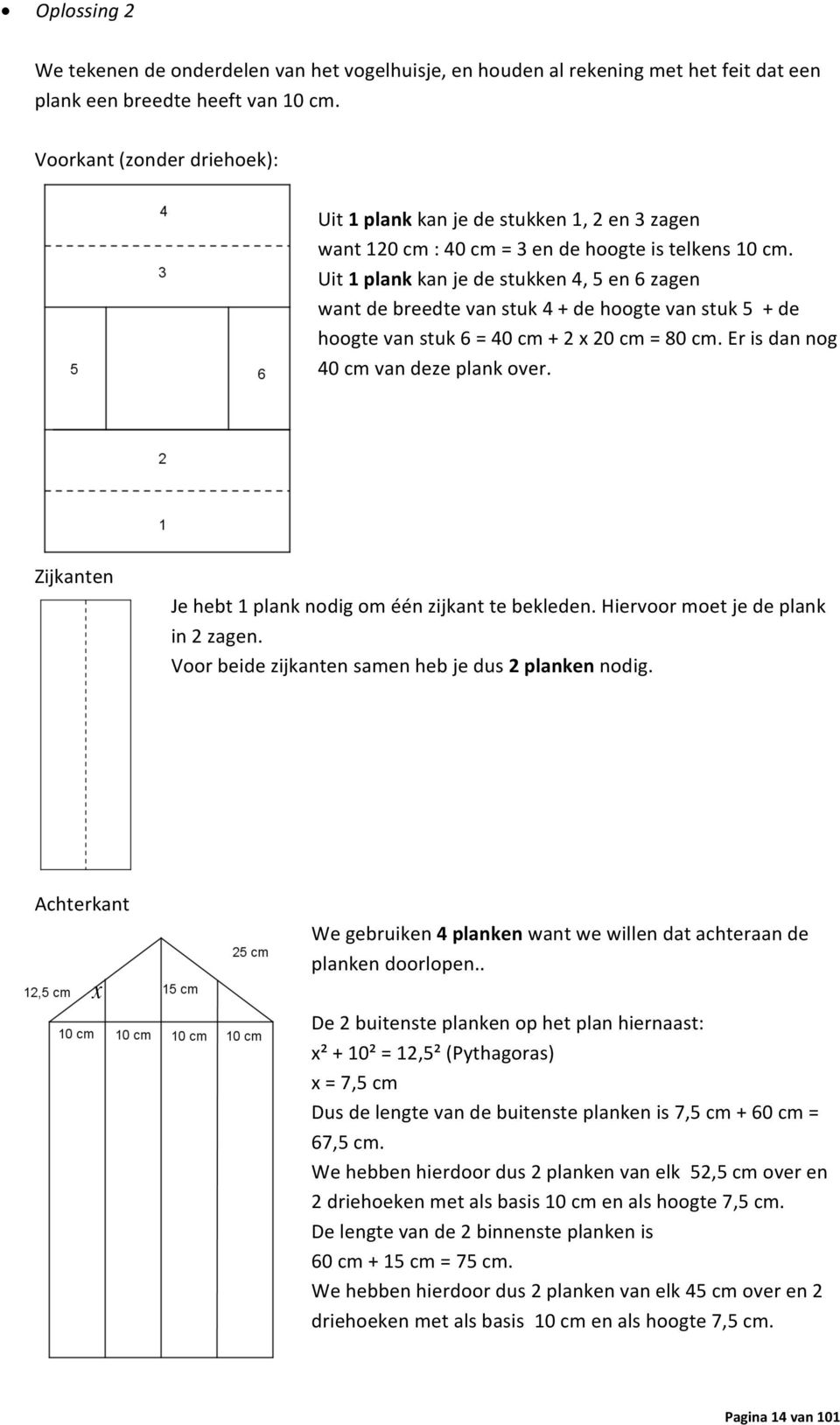 Uit 1 plank kan je de stukken 4, 5 en 6 zagen want de breedte van stuk 4 + de hoogte van stuk 5 + de hoogte van stuk 6 = 40 cm + 2 x 20 cm = 80 cm. Er is dan nog 40 cm van deze plank over.