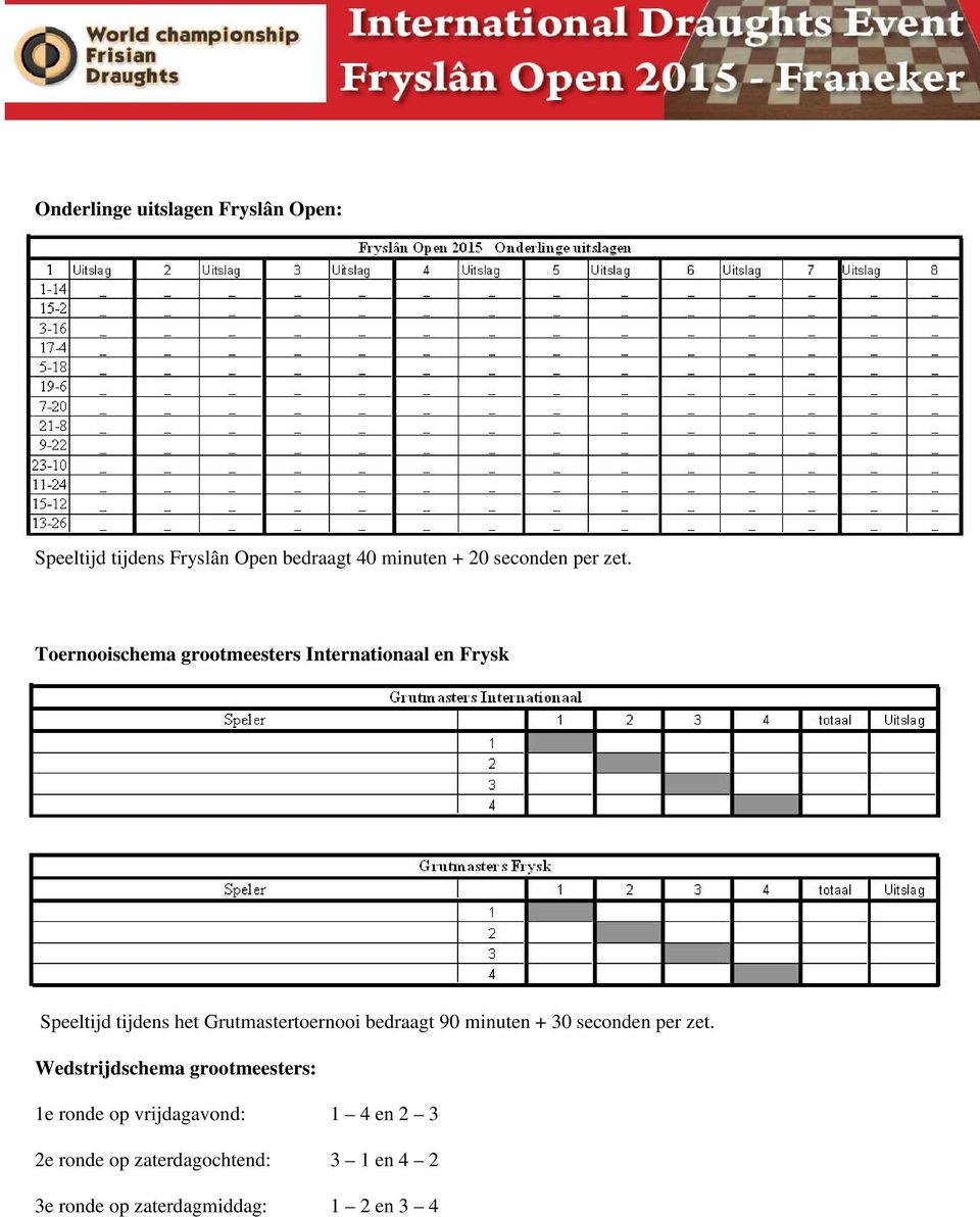 Toernooischema grootmeesters Internationaal en Frysk Speeltijd tijdens het Grutmastertoernooi