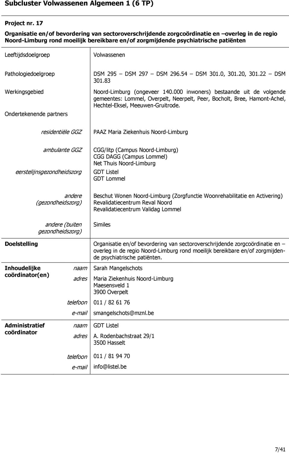 Volwassenen Pathologiedoelgroep Werkingsgebied Ondertekenende partners DSM 295 DSM 297 DSM 296.54 DSM 301.0, 301.20, 301.22 DSM 301.83 Noord-Limburg (ongeveer 140.