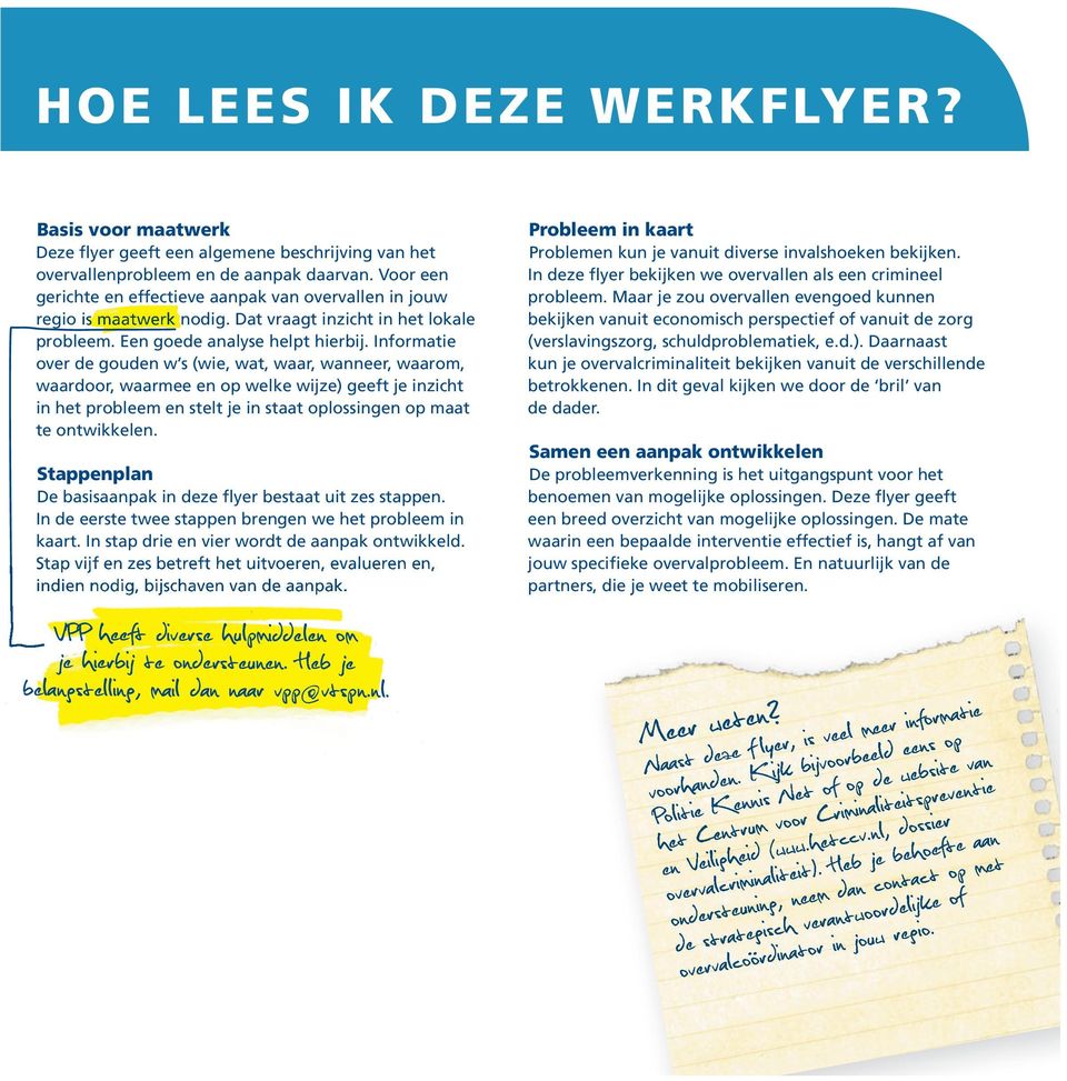 Informatie over de gouden w s (wie, wat, waar, wanneer, waarom, waardoor, waarmee en op welke wijze) geeft je inzicht in het probleem en stelt je in staat oplossingen op maat te ontwikkelen.