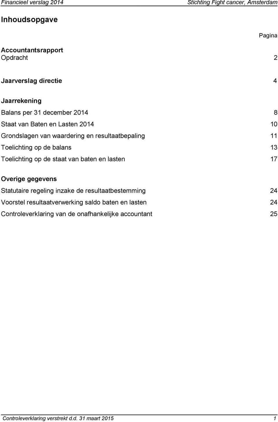 van baten en lasten 17 Overige gegevens Statutaire regeling inzake de resultaatbestemming 24 Voorstel resultaatverwerking