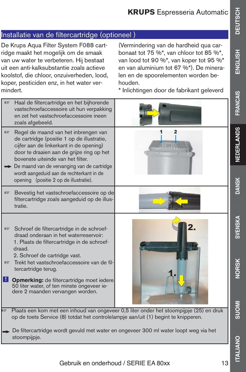 Haal de filtercartridge en het bijhorende vastschroefaccessoire uit hun verpakking en zet het vastschroefaccessoire ineen zoals afgebeeld.