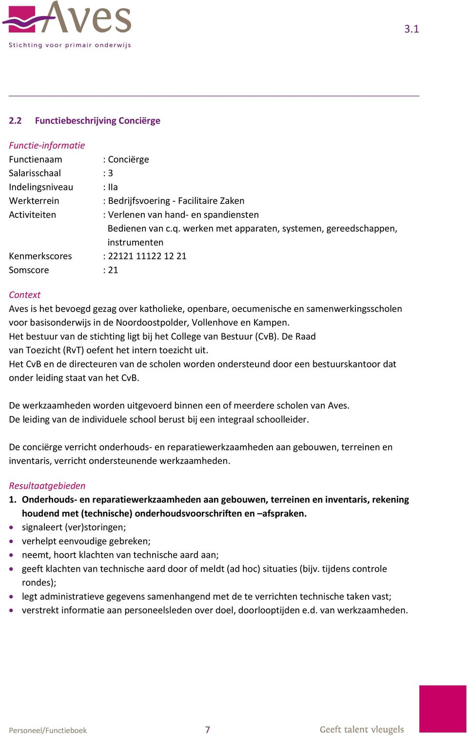 werken met apparaten, systemen, gereedschappen, instrumenten Kenmerkscores : 22121 11122 12 21 Somscore : 21 Context Aves is het bevoegd gezag over katholieke, openbare, oecumenische en