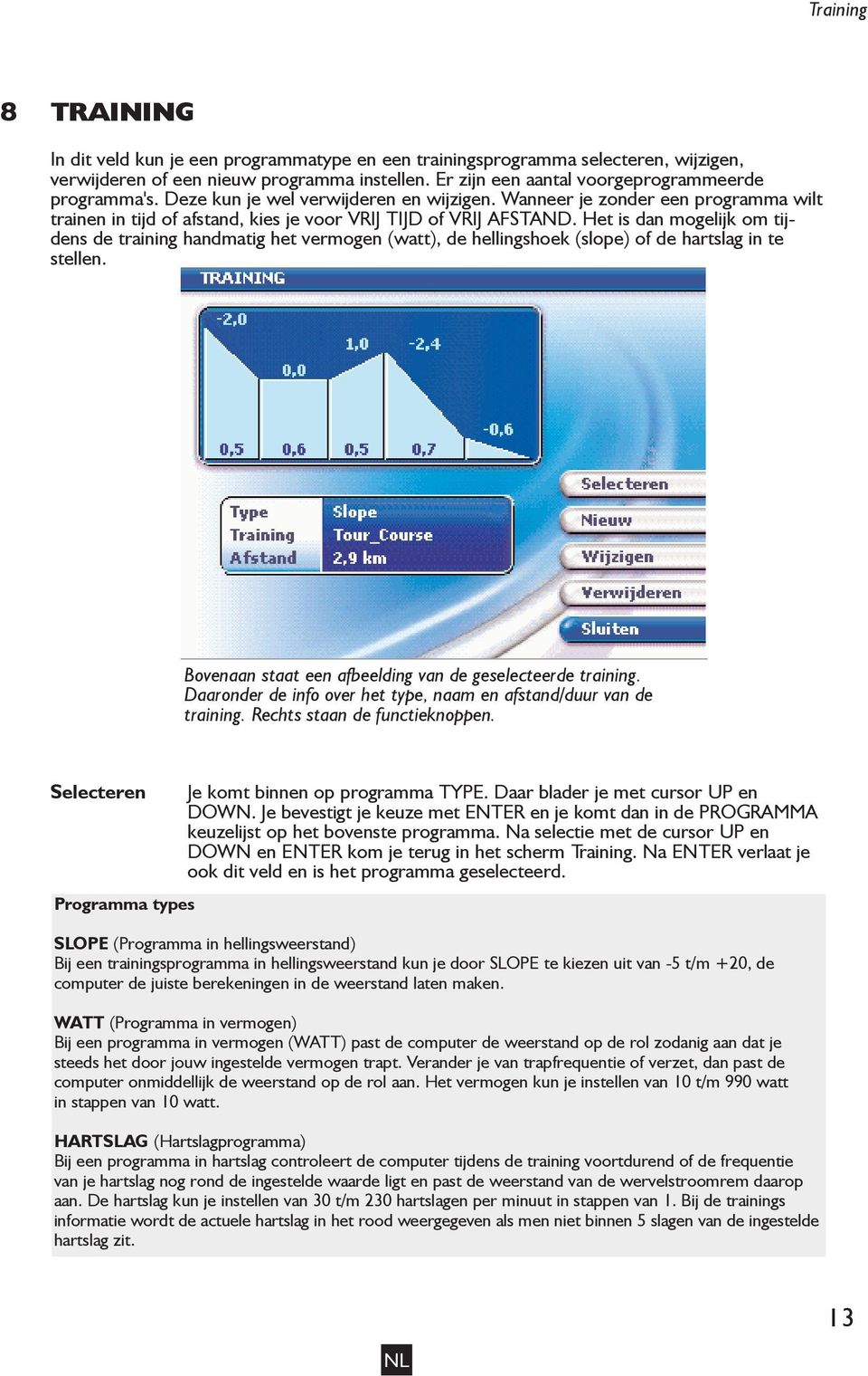 Het is dan mogelijk om tijdens de training handmatig het vermogen (watt), de hellingshoek (slope) of de hartslag in te stellen. Bovenaan staat een afbeelding van de geselecteerde training.