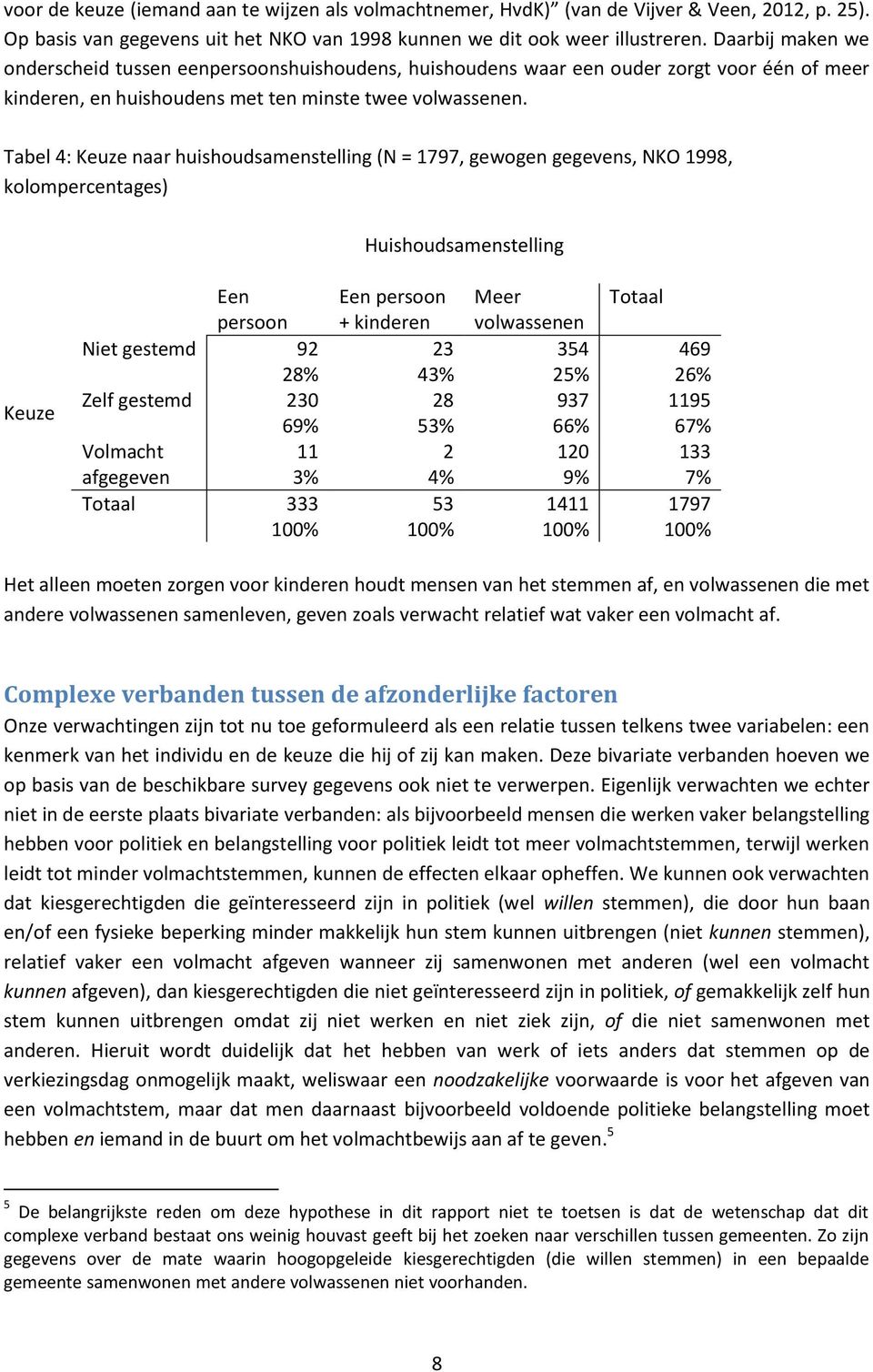 Tabel 4: Keuze naar huishoudsamenstelling (N = 1797, gewogen gegevens, NKO 1998, kolompercentages) Huishoudsamenstelling Keuze Een persoon Niet gestemd 92 28% Zelf gestemd 230 69% Volmacht 11