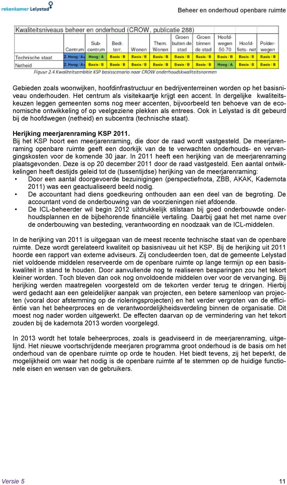 Ook in Lelystad is dit gebeurd bij de hoofdwegen (netheid) en subcentra (technische staat). Herijking meerjarenraming KSP 2011.