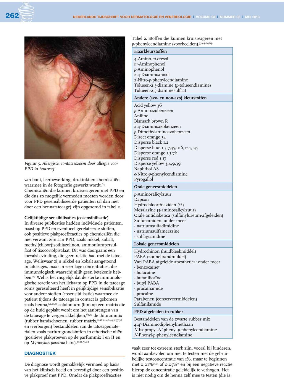64 Chemicaliën die kunnen kruisreageren met PPD en die dus zo mogelijk vermeden moeten worden door voor PPD gesensibiliseerde patiënten (al dan niet door een hennatatoeage) zijn opgesomd in tabel 2.