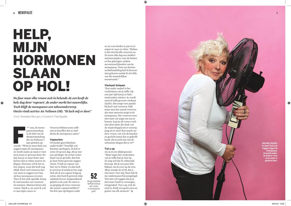 TEKST: Anneleen De Leyn, FOTOGRAFIE: Filip Naudts F*** you, de menopauzemonoloog is de titel van de theatermonoloog die An Nelissen 7 jaar geleden opvoerde.