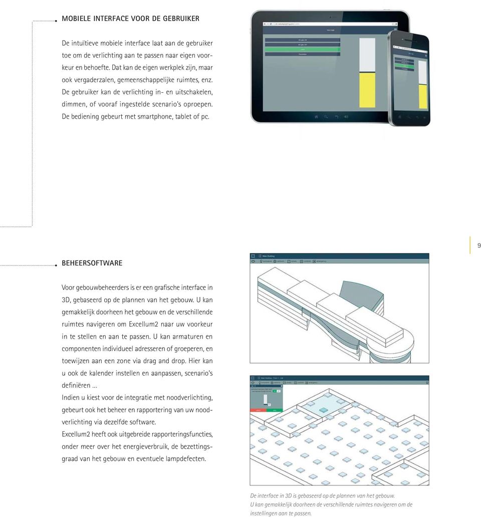 De bediening gebeurt met smartphone, tablet of pc. 9 BEHEERSOFTWARE Voor gebouwbeheerders is er een grafische interface in 3D, gebaseerd op de plannen van het gebouw.