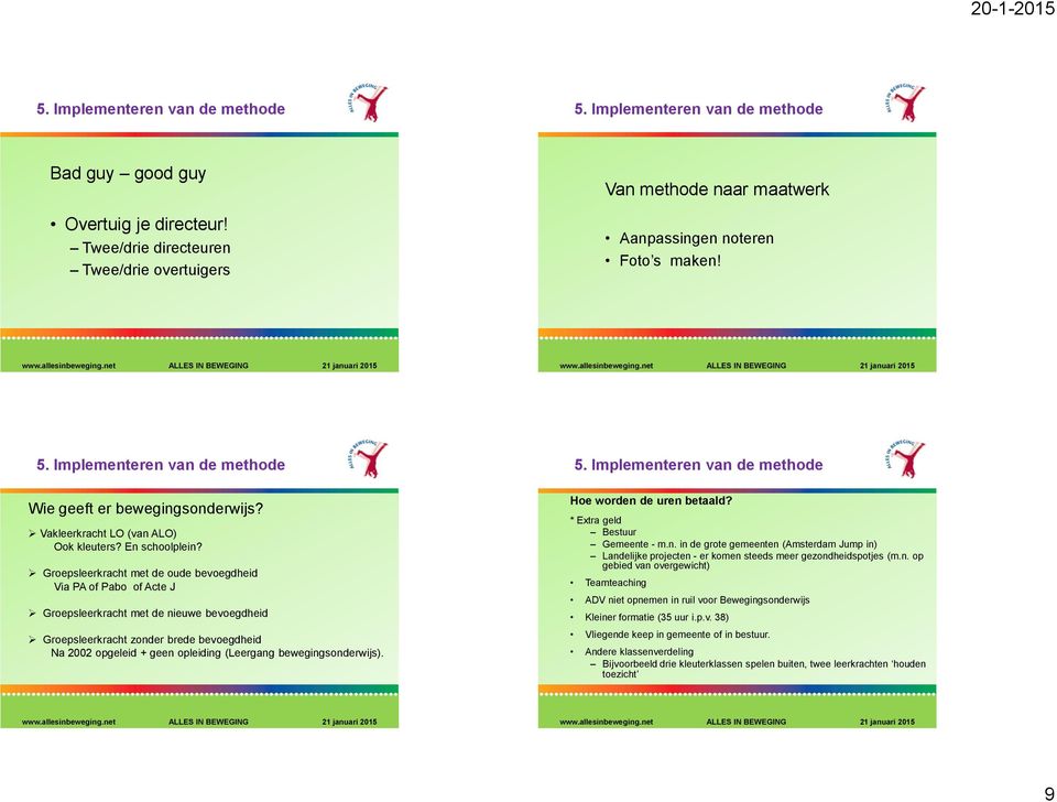 Groepsleerkracht met de oude bevoegdheid Via PA of Pabo of Acte J Groepsleerkracht met de nieuwe bevoegdheid Groepsleerkracht zonder brede bevoegdheid Na 2002 opgeleid + geen opleiding (Leergang