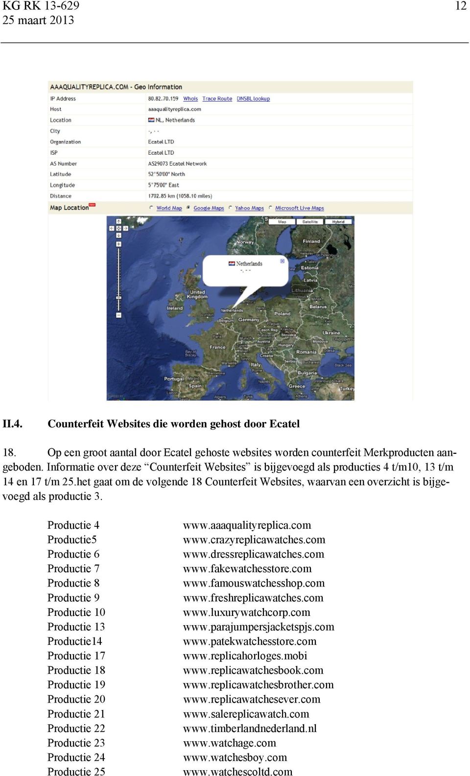 het gaat om de volgende 18 Counterfeit Websites, waarvan een overzicht is bijgevoegd als productie 3.