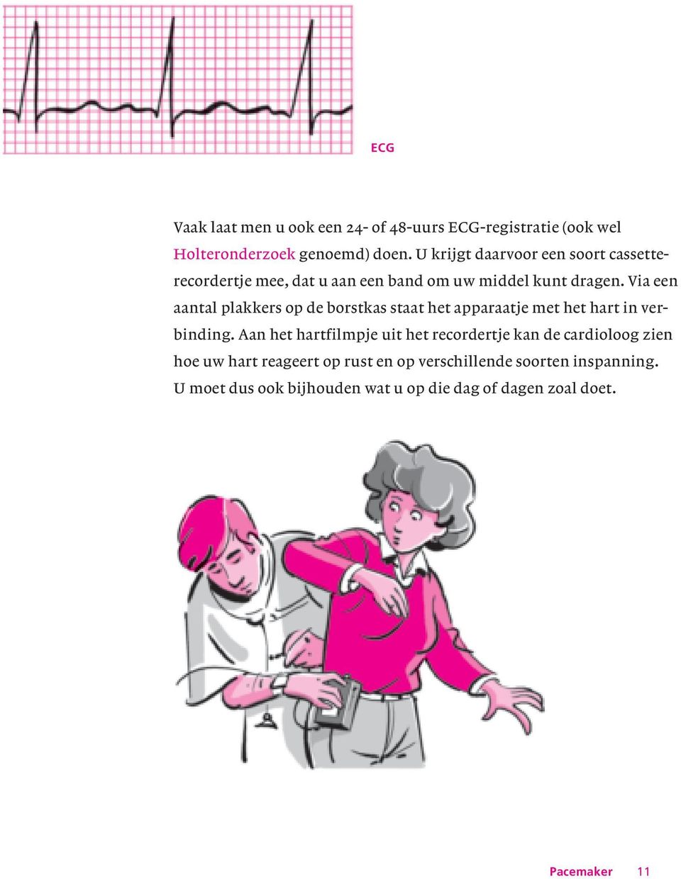 Via een aantal plakkers op de borstkas staat het apparaatje met het hart in verbinding.