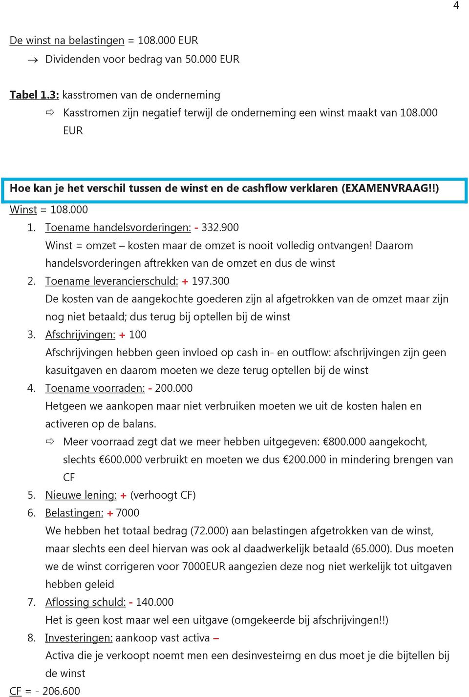 900 Winst = omzet kosten maar de omzet is nooit volledig ontvangen! Daarom handelsvorderingen aftrekken van de omzet en dus de winst 2. Toename leverancierschuld: + 197.