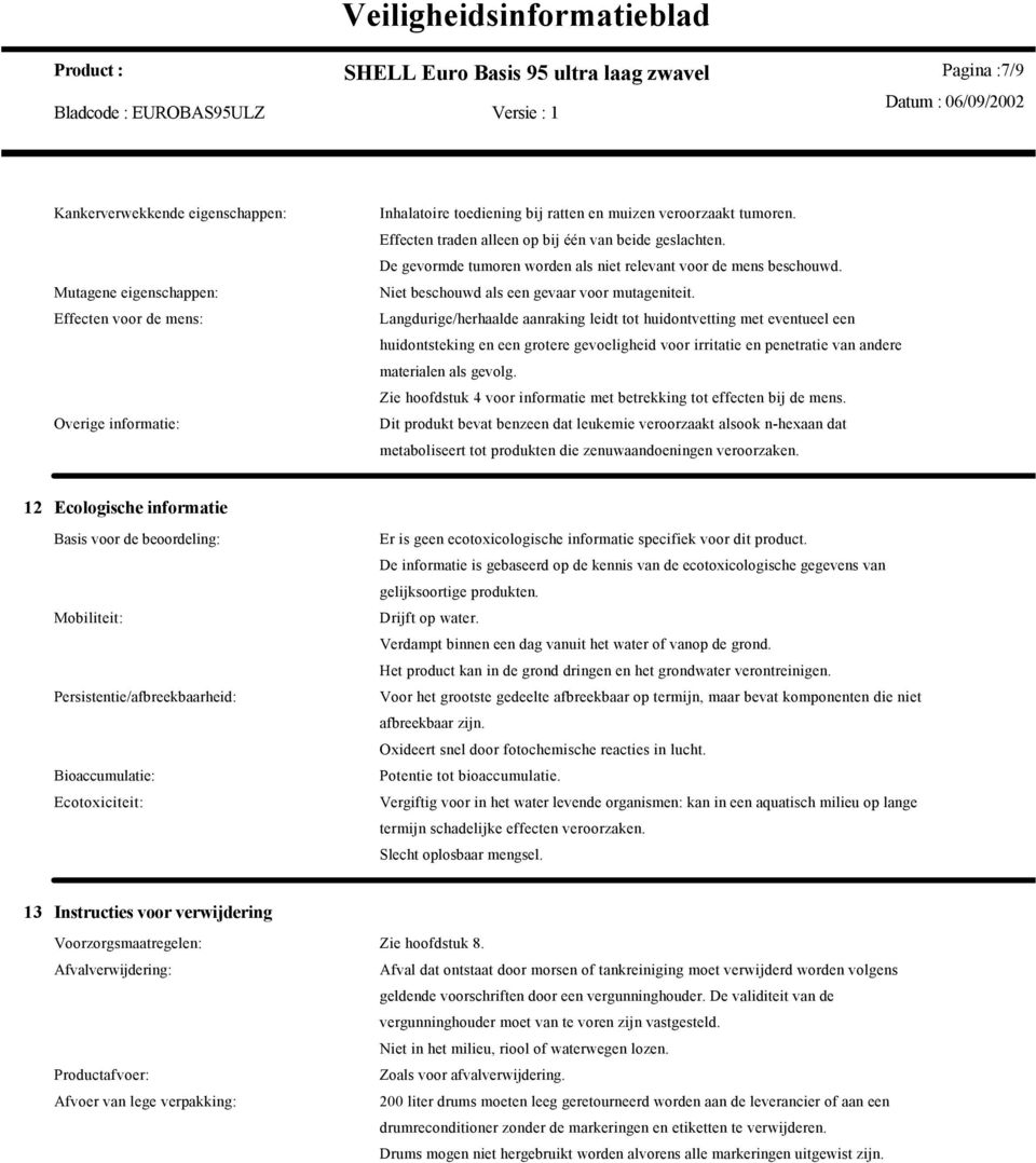 Langdurige/herhaalde aanraking leidt tot huidontvetting met eventueel een huidontsteking en een grotere gevoeligheid voor irritatie en penetratie van andere materialen als gevolg.