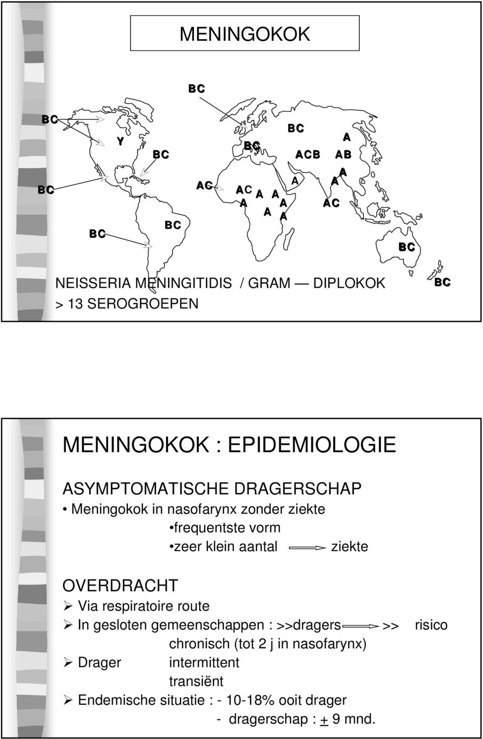 vorm zeer klein aantal ziekte OVERDRACHT Via respiratoire route In gesloten gemeenschappen : >>dragers >> risico