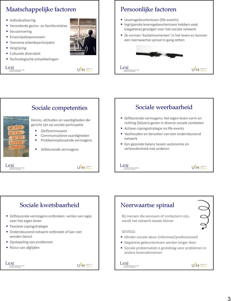 leven en kunnen een neerwaartse spiraal in gang zetten Sociale competenties Kennis, attituden en vaardigheden die gericht zijn op sociale participatie (Zelf)vertrouwen Communicatieve vaardigheden