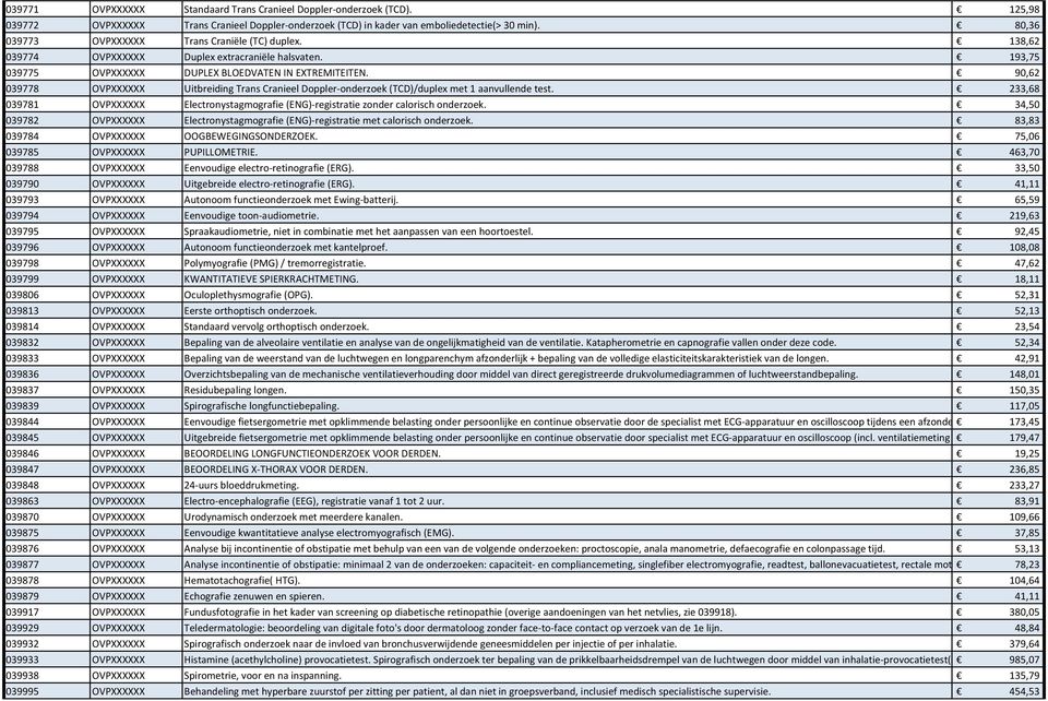 90,62 039778 OVPXXXXXX Uitbreiding Trans Cranieel Doppler-onderzoek (TCD)/duplex met 1 aanvullende test. 233,68 039781 OVPXXXXXX Electronystagmografie (ENG)-registratie zonder calorisch onderzoek.