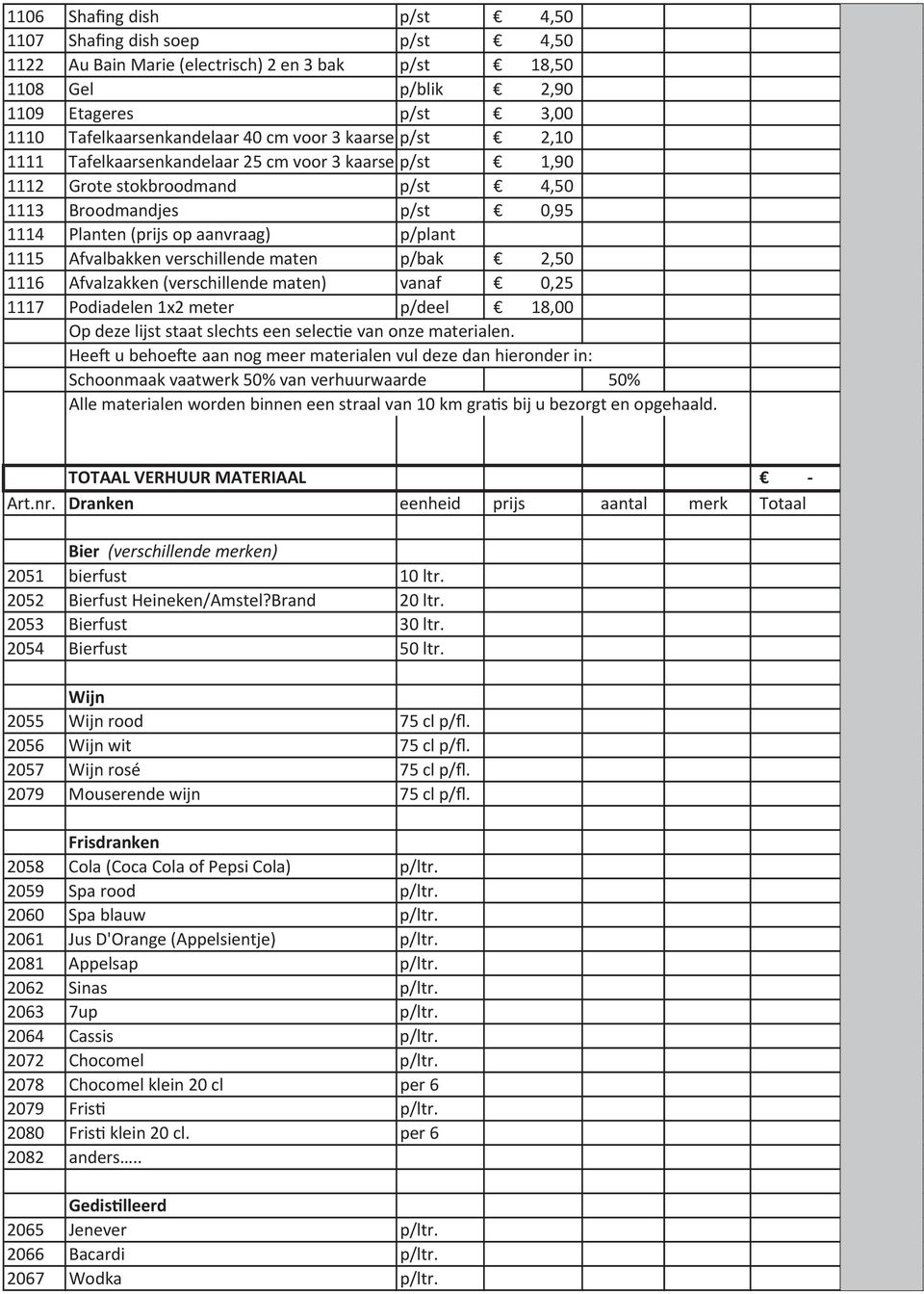 verschillende maten p/bak 2,50 1116 Afvalzakken (verschillende maten) vanaf 0,25 1117 Podiadelen 1x2 meter p/deel 18,00 Op deze lijst staat slechts een selectie van onze materialen.