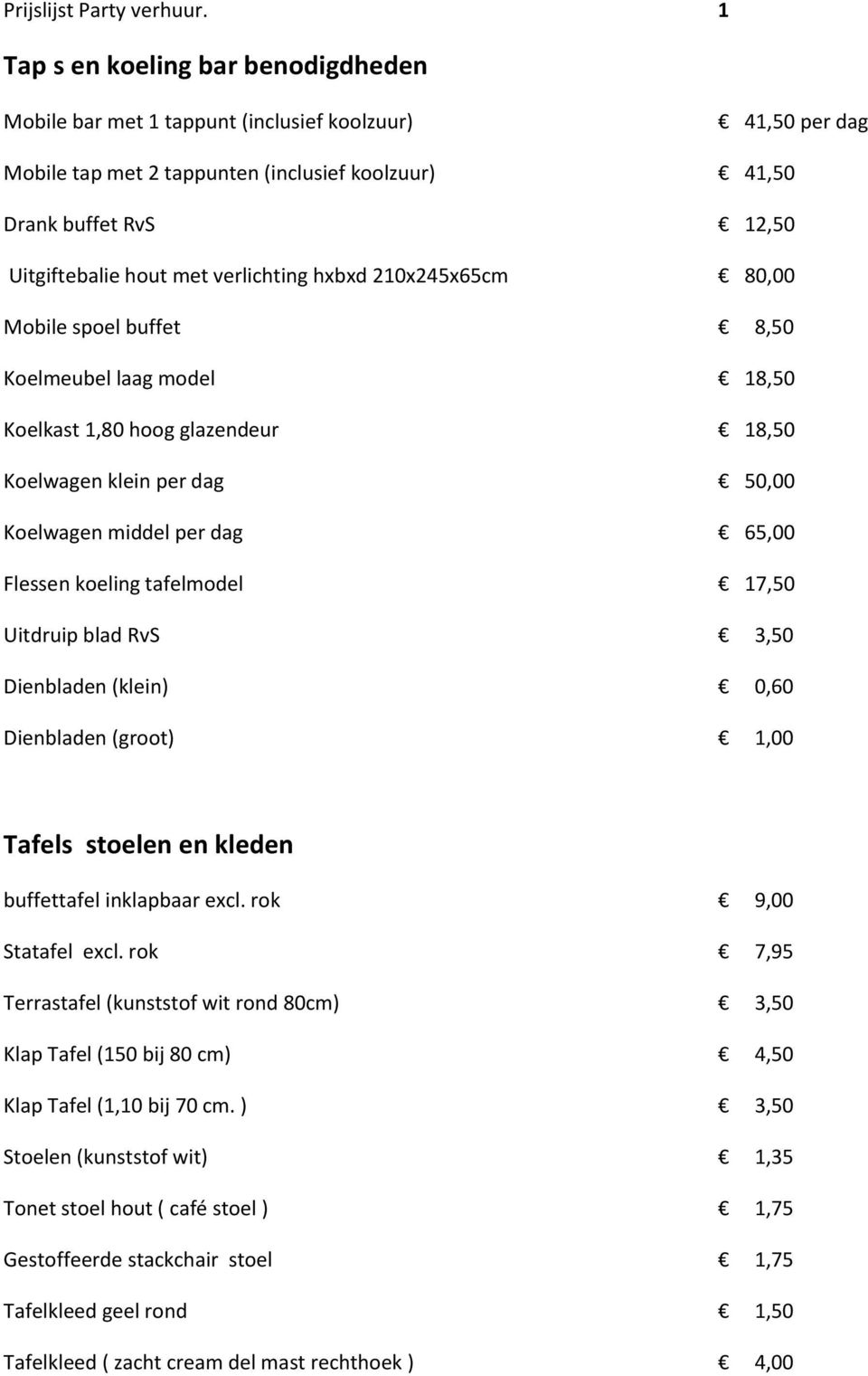 verlichting hxbxd 210x245x65cm 80,00 Mobile spoel buffet 8,50 Koelmeubel laag model 18,50 Koelkast 1,80 hoog glazendeur 18,50 Koelwagen klein per dag 50,00 Koelwagen middel per dag 65,00 Flessen