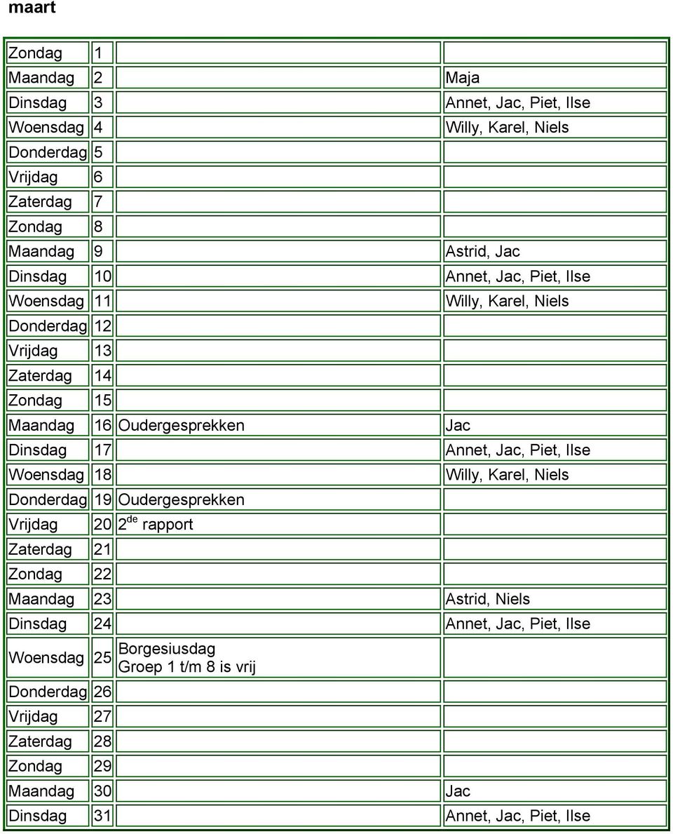 Ilse Woensdag 18 Donderdag 19 Oudergesprekken Vrijdag Zaterdag 21 Zondag 22 20 2 de rapport Maandag 23 Astrid, Niels Dinsdag 24 Annet, Jac, Piet,
