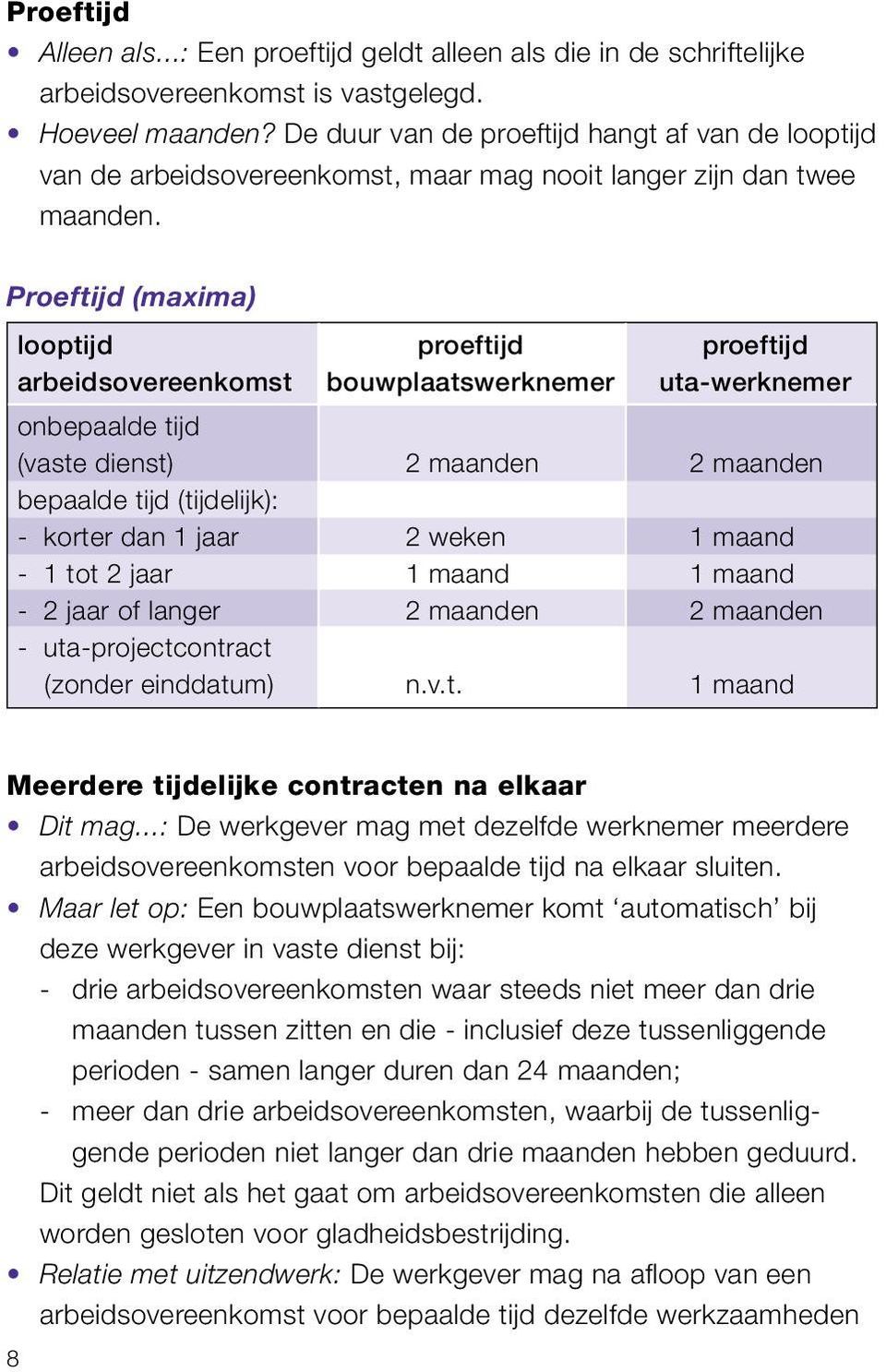 Proeftijd (maxima) looptijd proeftijd proeftijd arbeidsovereenkomst bouwplaatswerknemer uta-werknemer onbepaalde tijd (vaste dienst) 2 maanden 2 maanden bepaalde tijd (tijdelijk): - korter dan 1 jaar