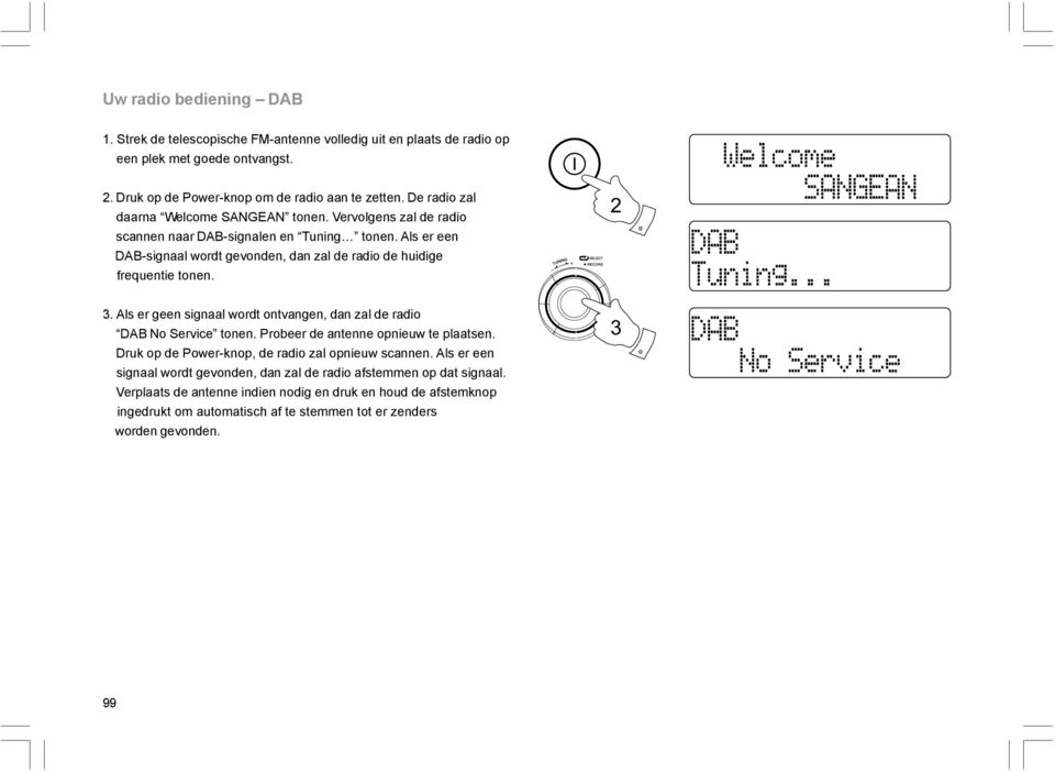 Als er een DAB-signaal wordt gevonden, dan zal de radio de huidige frequentie tonen. 3. Als er geen signaal wordt ontvangen, dan zal de radio DAB No Service tonen.