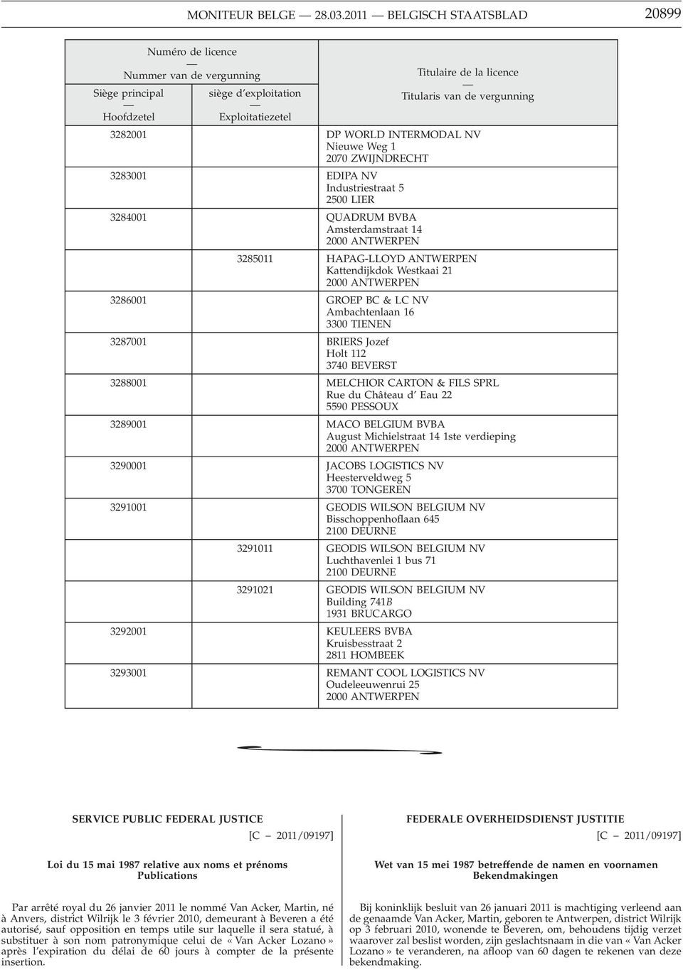 DP WORLD INTERMODAL NV Nieuwe Weg 1 2070 ZWIJNDRECHT 3283001 EDIPA NV Industriestraat 5 2500 LIER 3284001 QUADRUM BVBA Amsterdamstraat 14 2000 ANTWERPEN 3285011 HAPAG-LLOYD ANTWERPEN Kattendijkdok