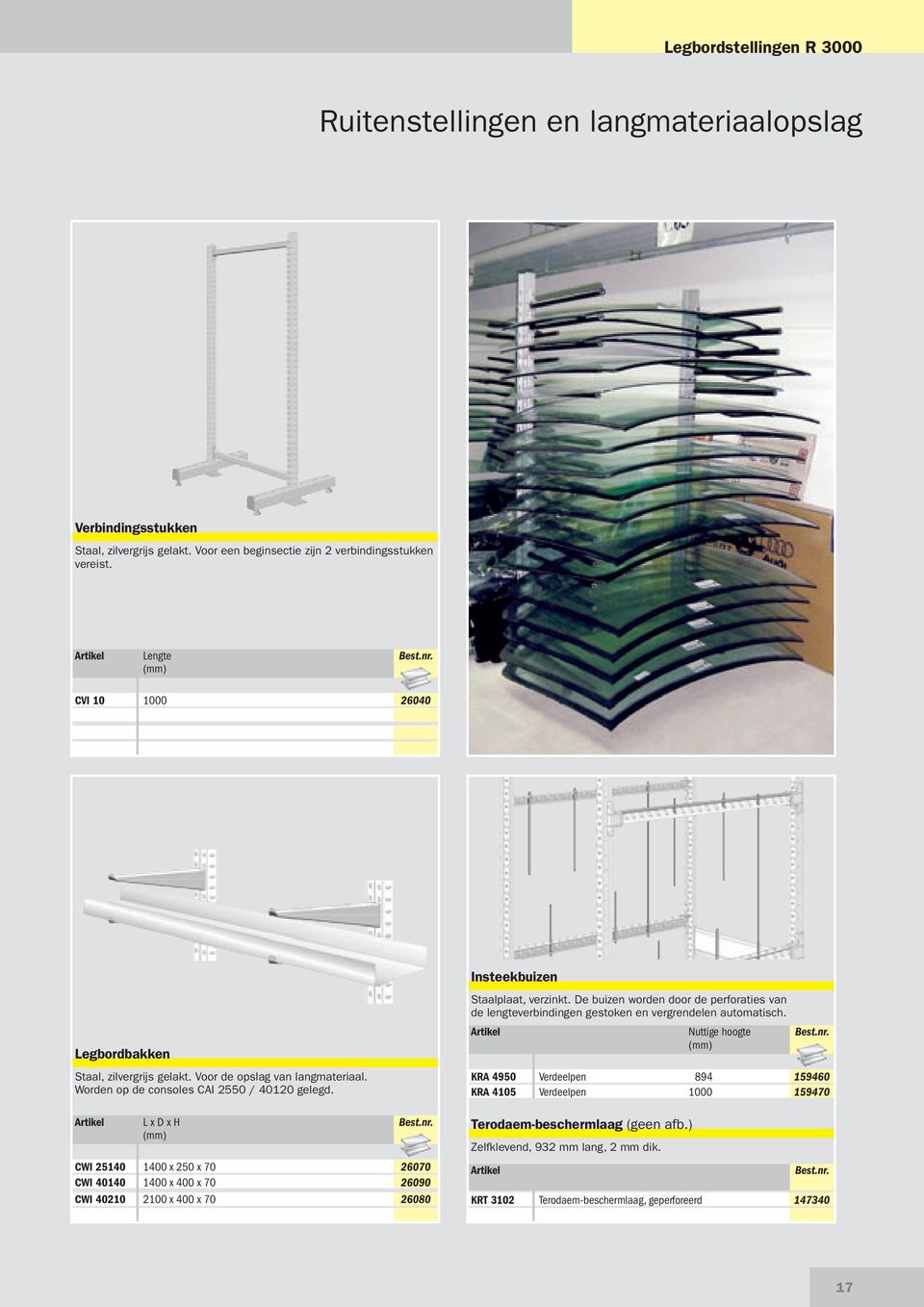 L x D x H CWI 25140 1400 x 250 x 70 26070 CWI 40140 1400 x 400 x 70 26090 CWI 40210 2100 x 400 x 70 26080 Insteekbuzen Staalplaat, verznkt.