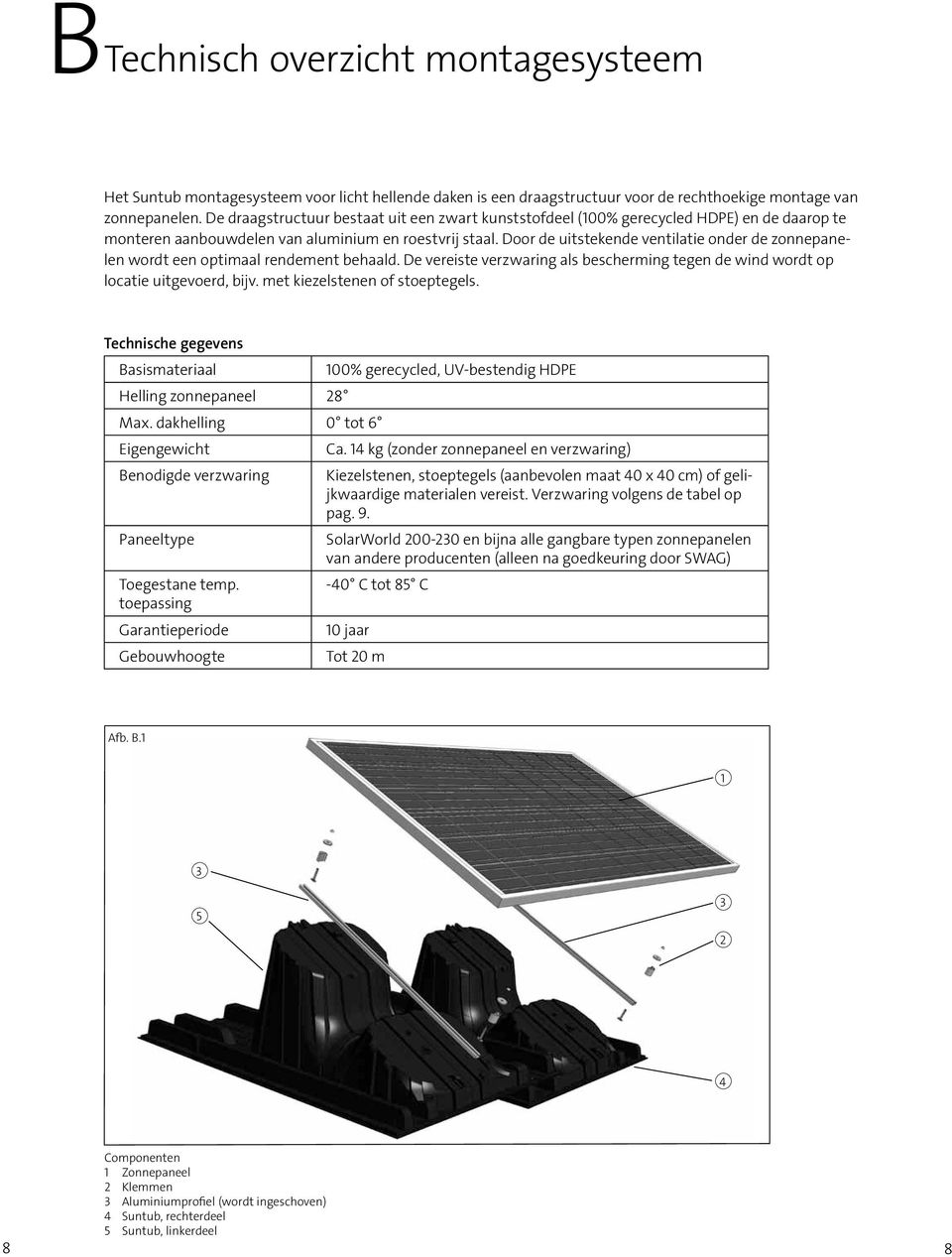 Door de uitstekende ventilatie onder de zonnepanelen wordt een optimaal rendement behaald. De vereiste verzwaring als bescherming tegen de wind wordt op locatie uitgevoerd, bijv.