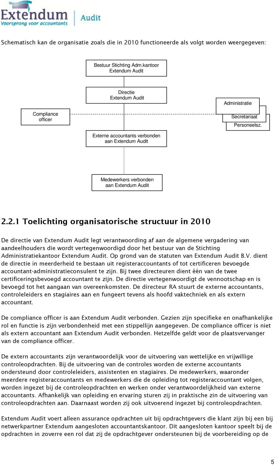 2.1 Toelichting organisatorische structuur in 2010 De directie van Extendum Audit legt verantwoording af aan de algemene vergadering van aandeelhouders die wordt vertegenwoordigd door het bestuur van