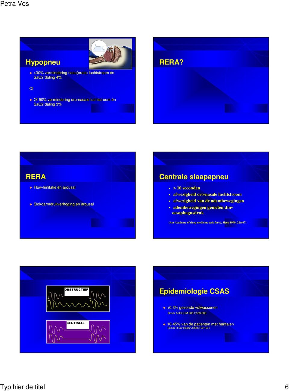 én arousal Slokdarmdrukverhoging én arousal Centrale slaapapneu > 10 seconden afwezigheid oro-nasale luchtstroom afwezigheid van de