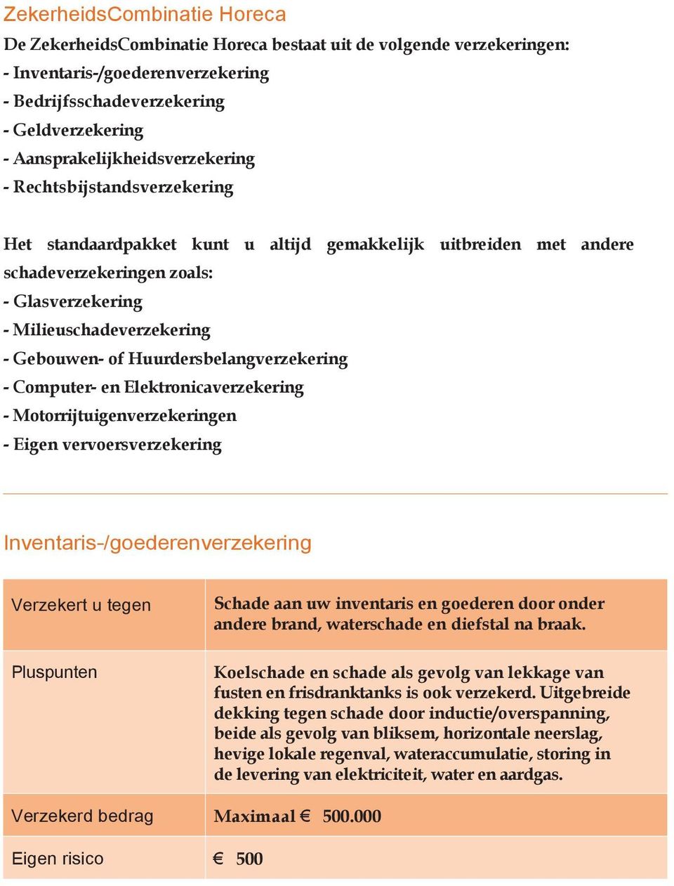 Gebouwen- of Huurdersbelangverzekering - Computer- en Elektronicaverzekering - Motorrijtuigenverzekeringen - Eigen vervoersverzekering Inventaris-/goederenverzekering Pluspunten Schade aan uw