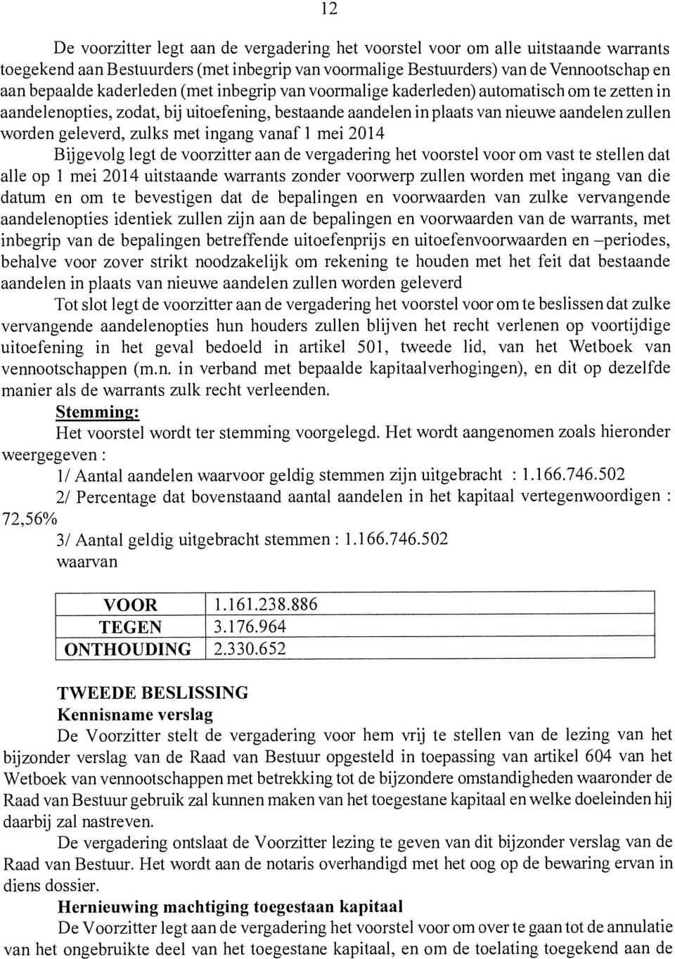 met ingang vanaf 1 mei 2014 Bijgevolg legt de voorzitter aan de vergadering het voorstel voor om vast te stellen dat alle op 1 mei 2014 uitstaande warrants zonder voorwerp zullen worden met ingang