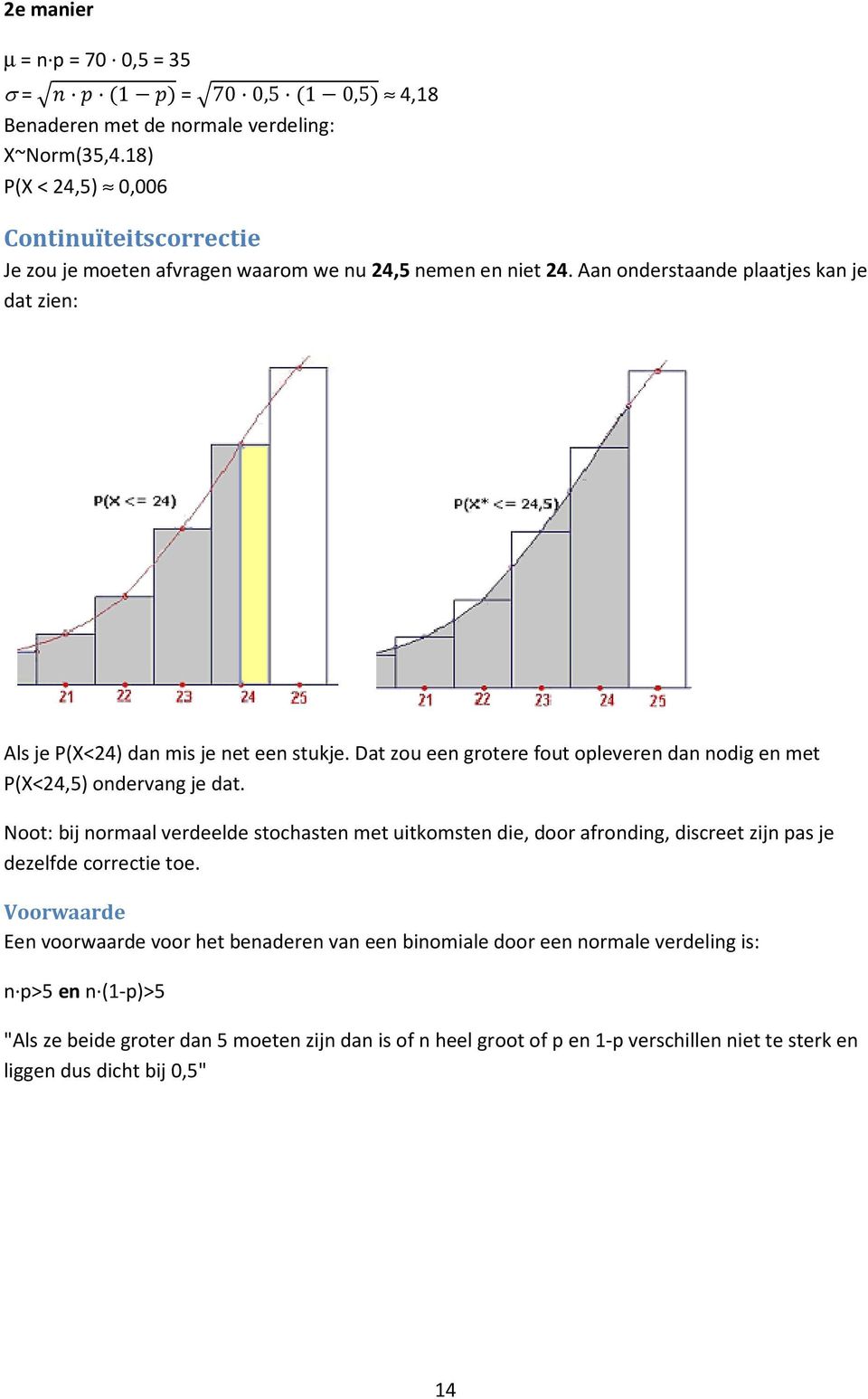 Aan onderstaande plaatjes kan je dat zien: Als je P(X<24) dan mis je net een stukje. Dat zou een grotere fout opleveren dan nodig en met P(X<24,5) ondervang je dat.