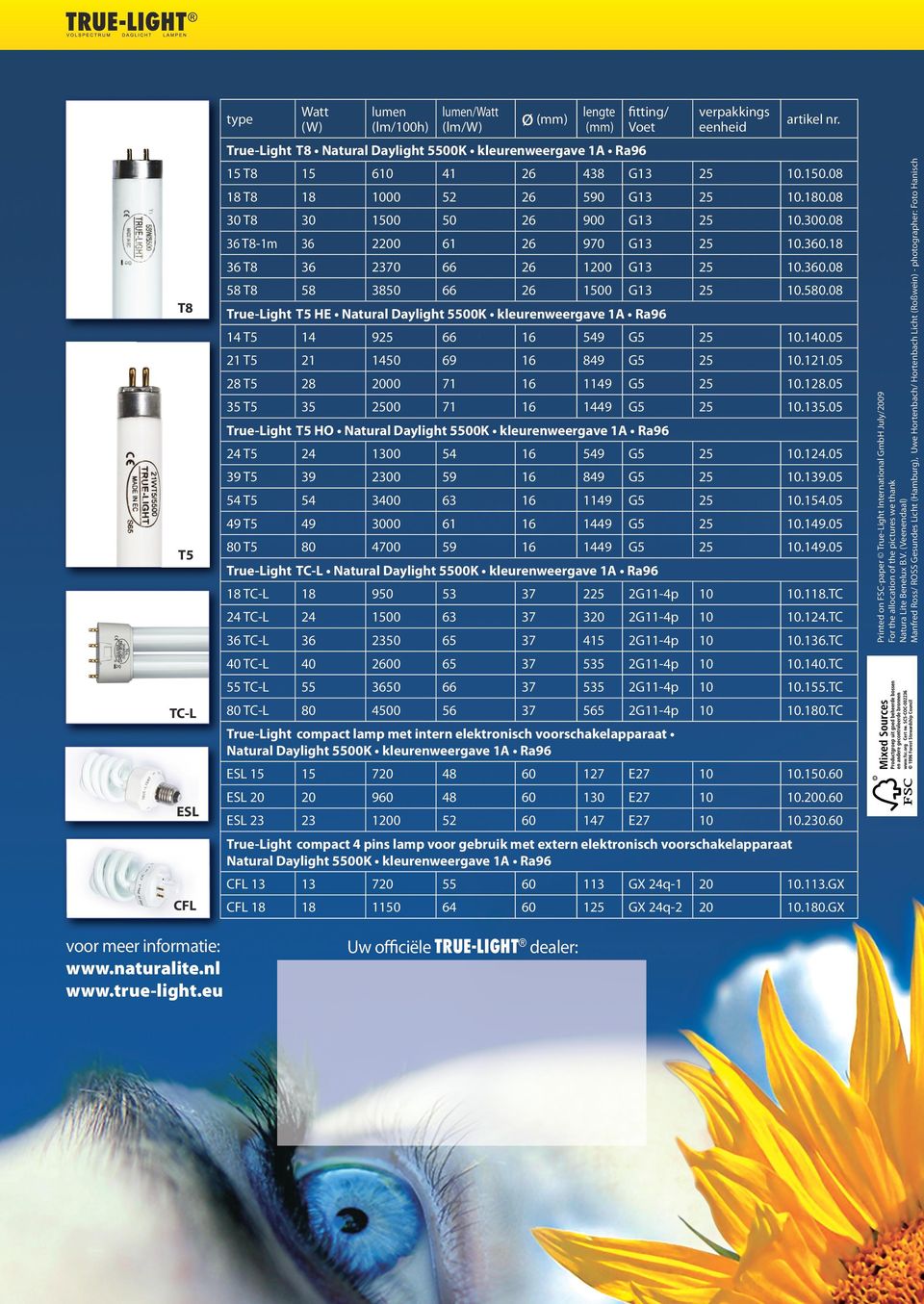 08 True-Light T5 HE Natural Daylight 5500K kleurenweergave 1A Ra96 14 T5 14 9 66 549.140.05 21 T5 21 1450 69 849.121.05 28 T5 28 2000 71 1149.128.05 35 T5 35 00 71 1449.135.