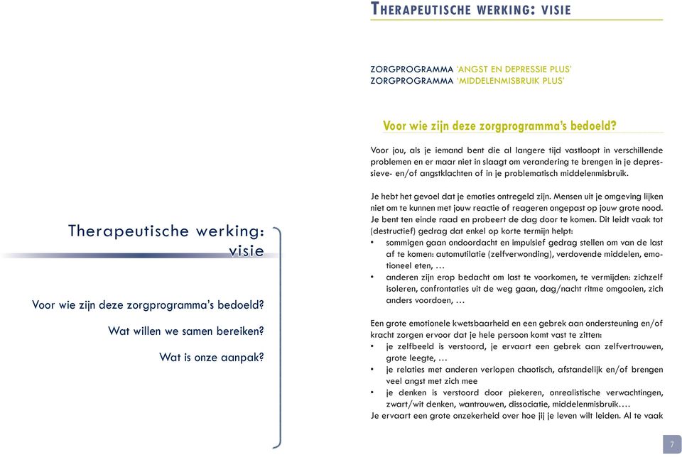 middelenmisbruik. Therapeutische werking: visie Voor wie zijn deze zorgprogramma s bedoeld? Wat willen we samen bereiken? Wat is onze aanpak? Je hebt het gevoel dat je emoties ontregeld zijn.