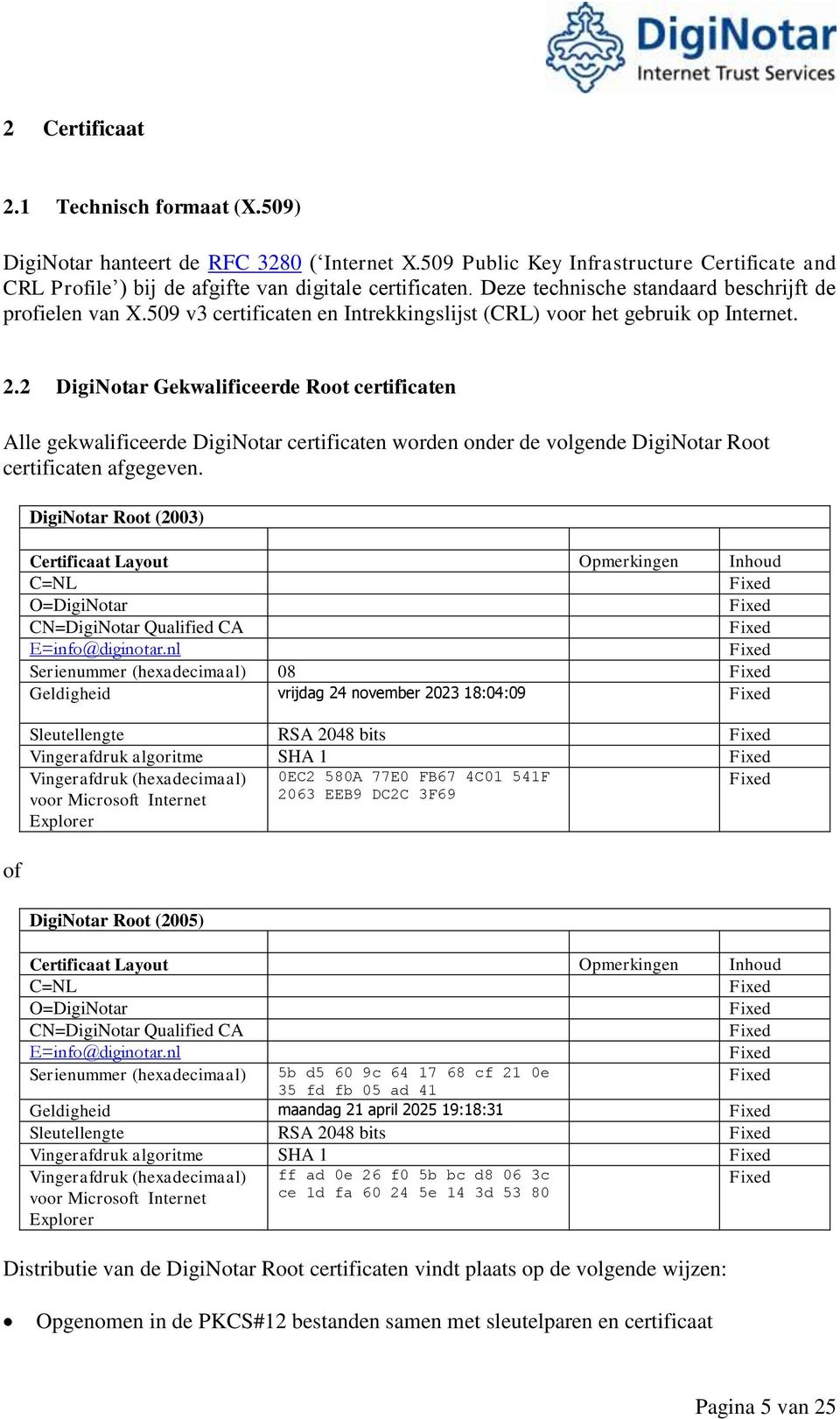 2 DigiNotar Gekwalificeerde Root certificaten Alle gekwalificeerde DigiNotar certificaten worden onder de volgende DigiNotar Root certificaten afgegeven.