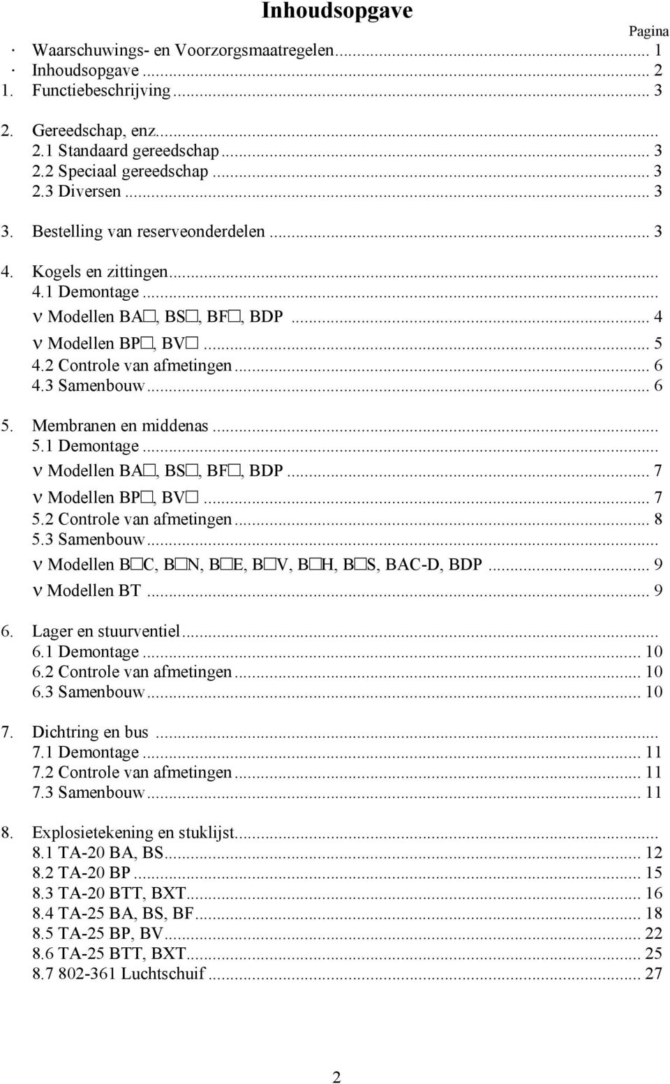 Membranen en middenas... 5.1 Demontage... ν Modellen BA, BS, BF, BDP... 7 ν Modellen BP, BV... 7 5.2 Controle van afmetingen... 8 5.3 Samenbouw... ν Modellen B C, B N, B E, B V, B H, B S, BAC-D, BDP.