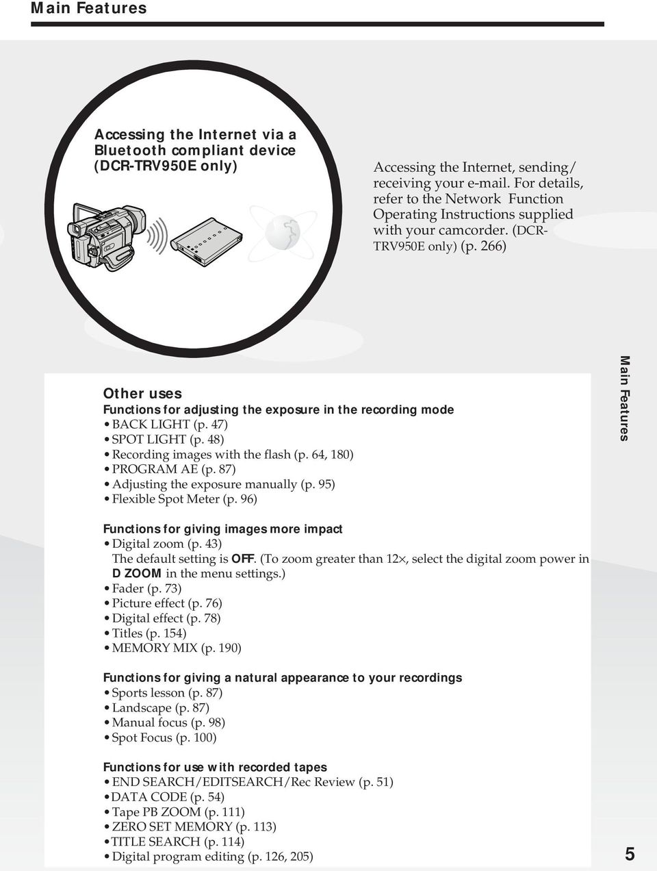 266) Other uses Functions for adjusting the exposure in the recording mode BACK LIGHT (p. 47) SPOT LIGHT (p. 48) Recording images with the flash (p. 64, 180) PROGRAM AE (p.