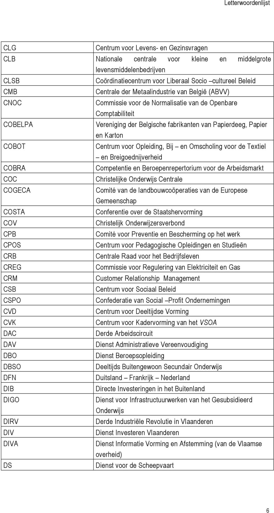 Opleiding, Bij en Omscholing voor de Textiel en Breigoednijverheid COBRA Competentie en Beroepenrepertorium voor de Arbeidsmarkt COC Christelijke Onderwijs Centrale COGECA Comité van de