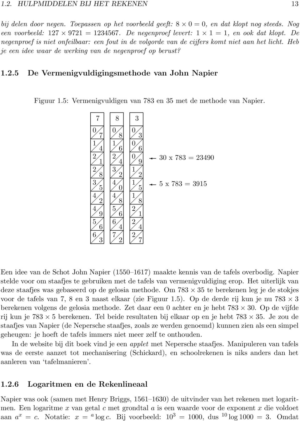 Heb je een idee waar de werking van de negenproef op berust? 1.2.5 De Vermenigvuldigingsmethode van John Napier Figuur 1.5: Vermenigvuldigen van 783 en 35 met de methode van Napier.