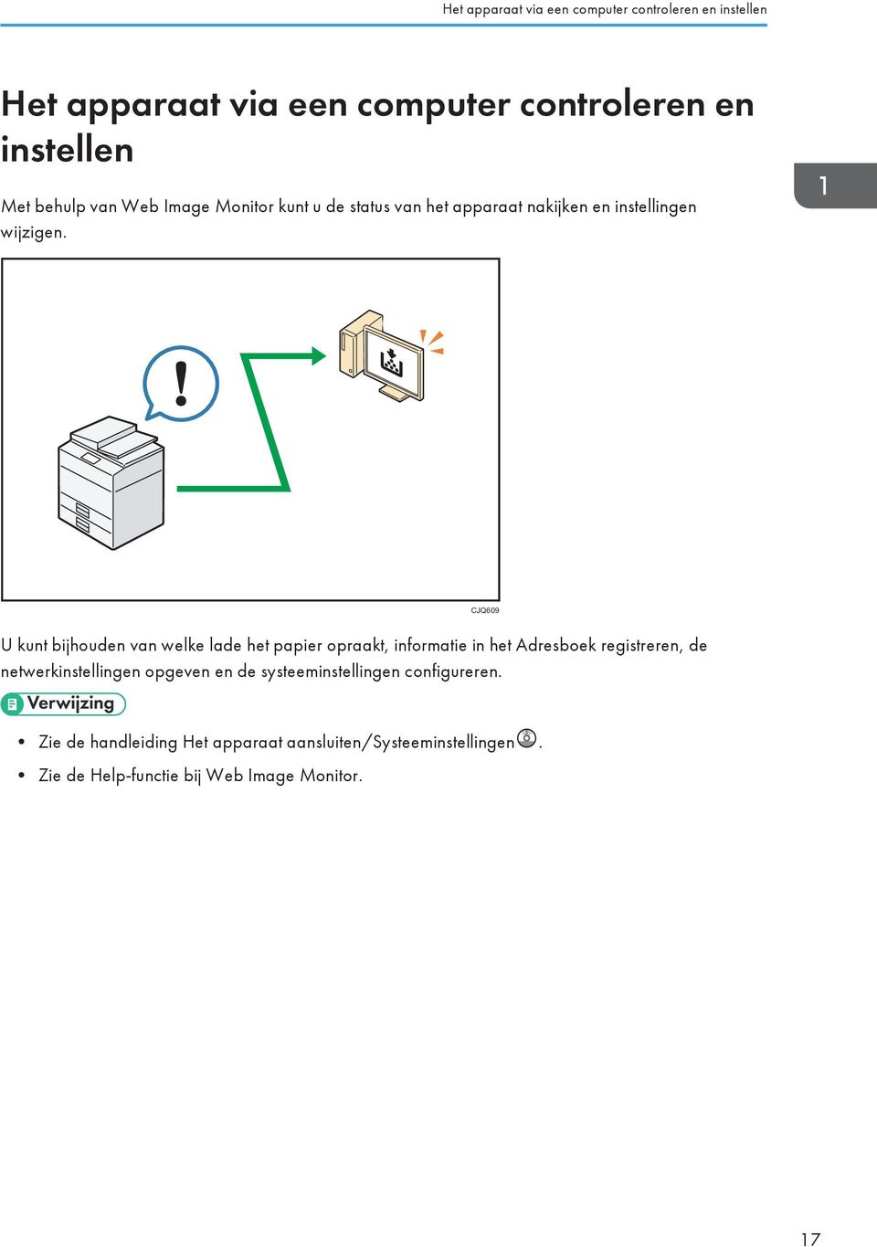 CJQ609 U kunt bijhouden van welke lade het papier opraakt, informatie in het Adresboek registreren, de netwerkinstellingen