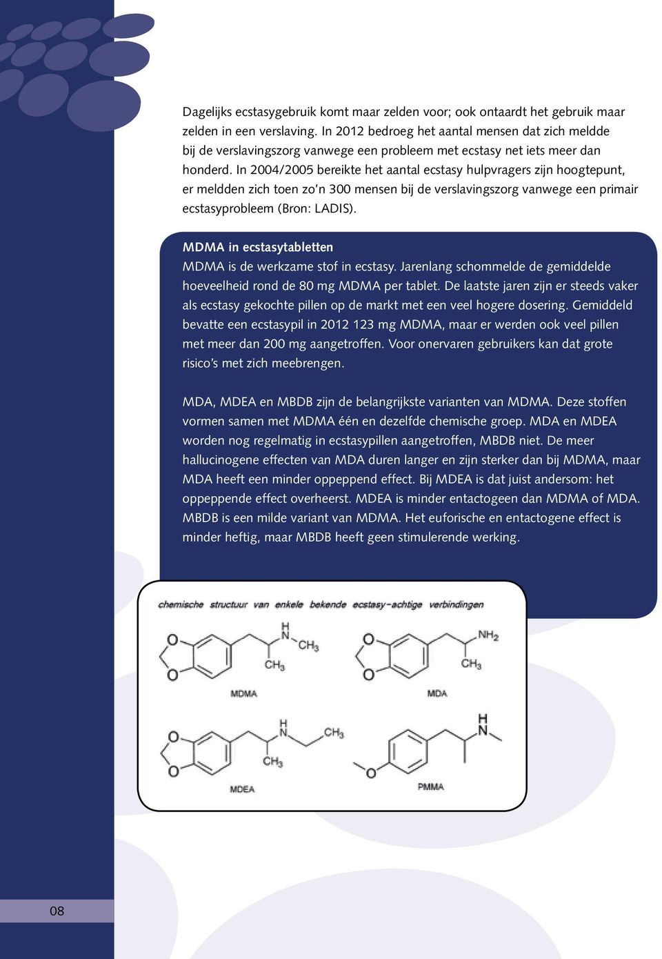 In 2004/2005 bereikte het aantal ecstasy hulpvragers zijn hoogtepunt, er meldden zich toen zo n 300 mensen bij de verslavingszorg vanwege een primair ecstasyprobleem (Bron: LADIS).
