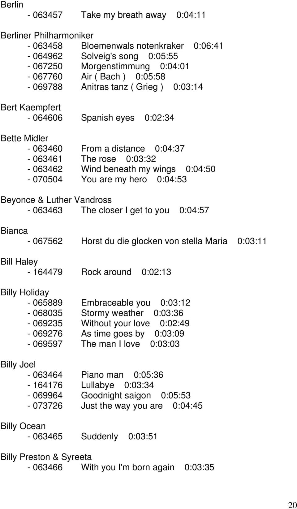 0:04:50-070504 You are my hero 0:04:53 Beyonce & Luther Vandross - 063463 The closer I get to you 0:04:57 Bianca - 067562 Horst du die glocken von stella Maria 0:03:11 Bill Haley - 164479 Rock around